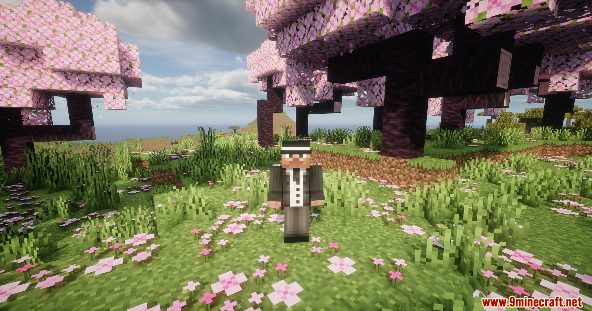 Helian MMCO Sundial Lite Edit Shaders Screenshot 7 A player character in a formal suit stands among blooming cherry blossom trees