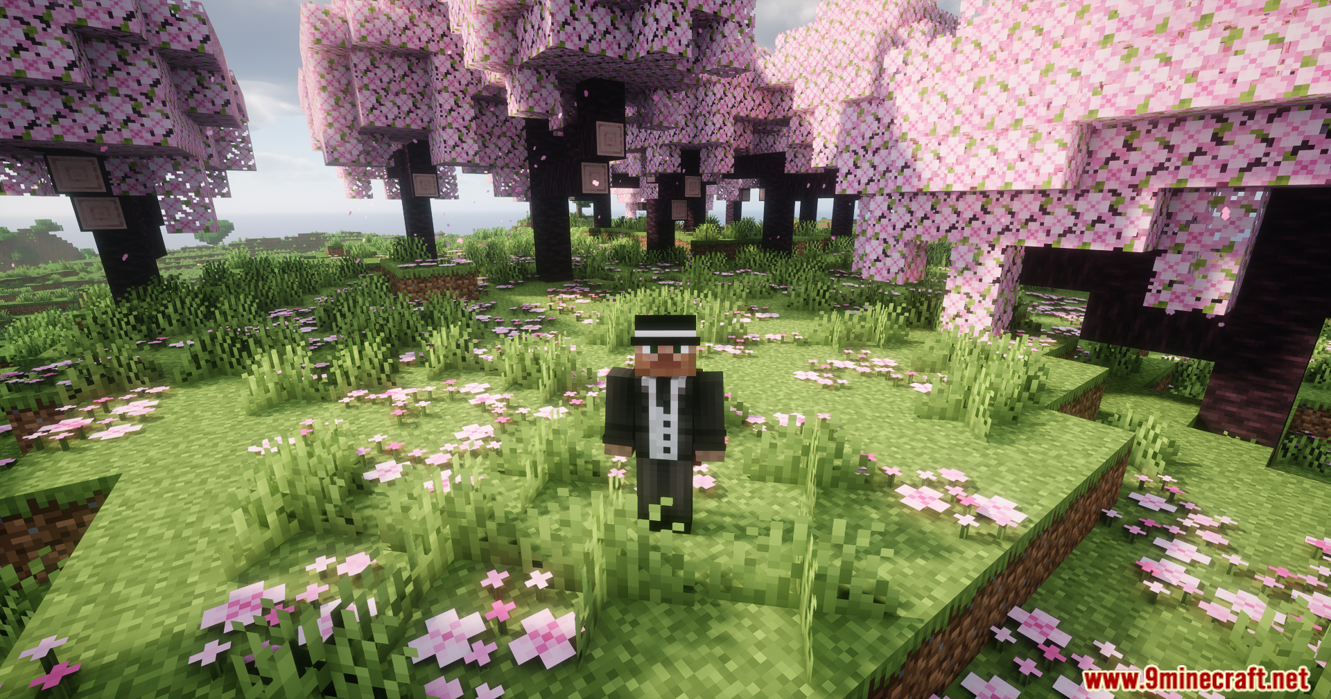 Helian MMCO Sundial Lite Edit Shaders Screenshot 9 Minecraft character in a suit standing among vibrant pink cherry blossom trees