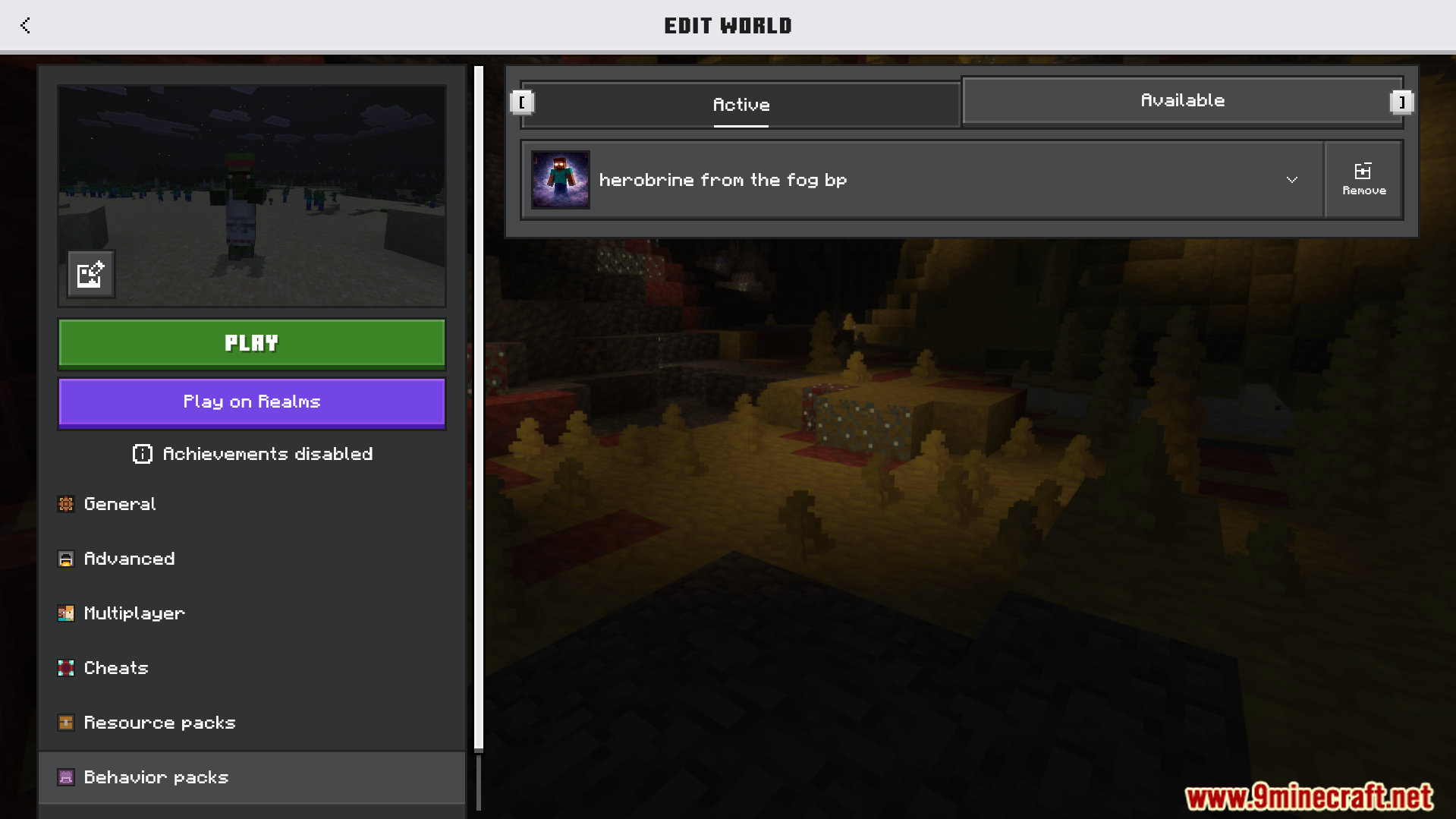 Minecraft Bedrock menu showing the active herobrine from the fog behavior pack