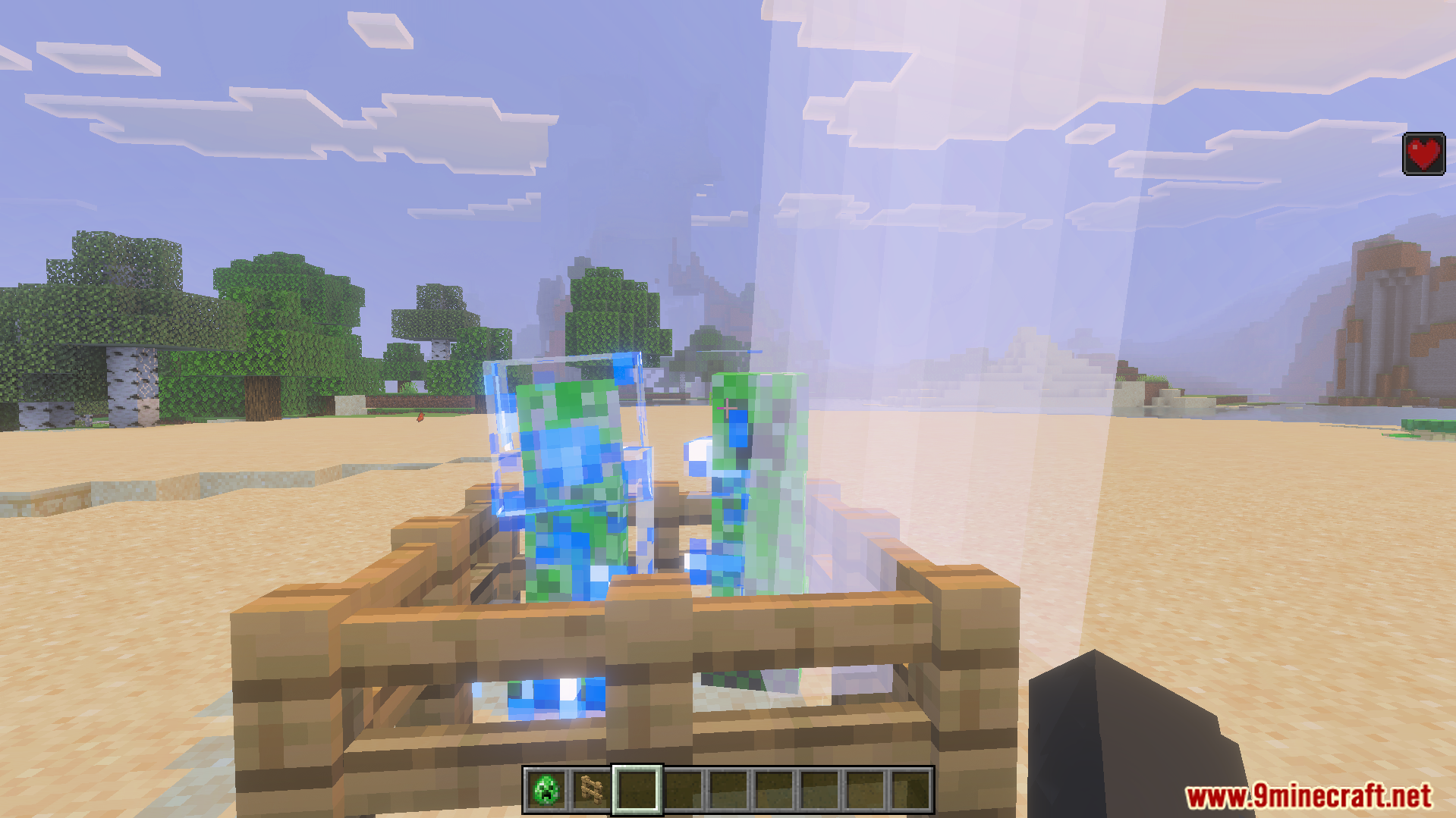 A powerful lightning attack striking creepers inside a wooden fence in Minecraft