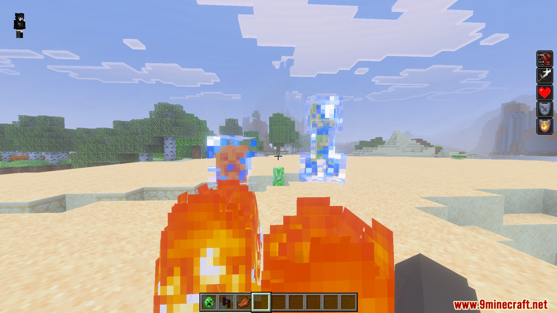 Player using Herobrine From The Fog Addon powers to attack creepers with lightning