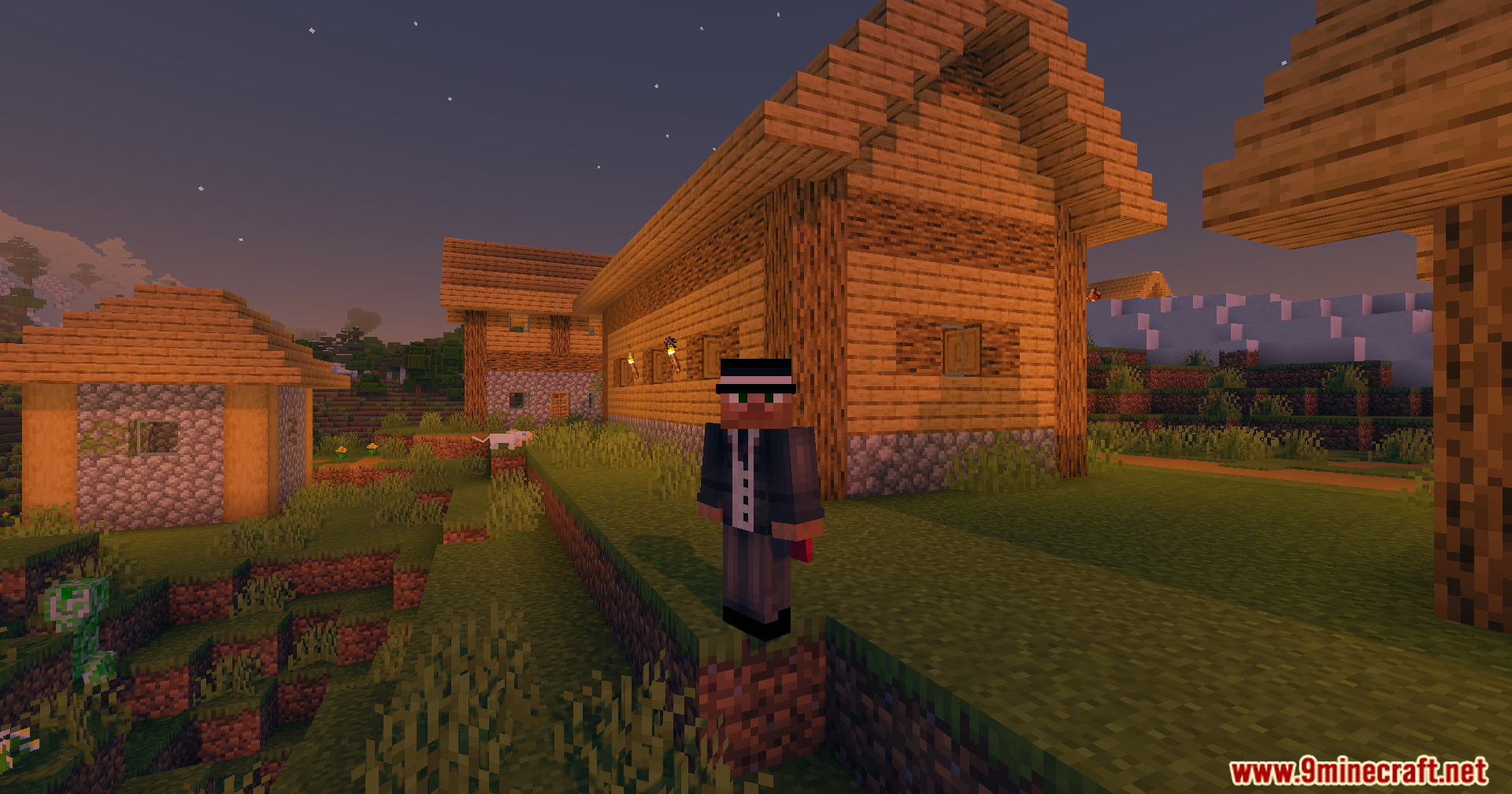 High Frames Plus Shaders Screenshot 10 A player character in a suit stands before wooden houses at sunset