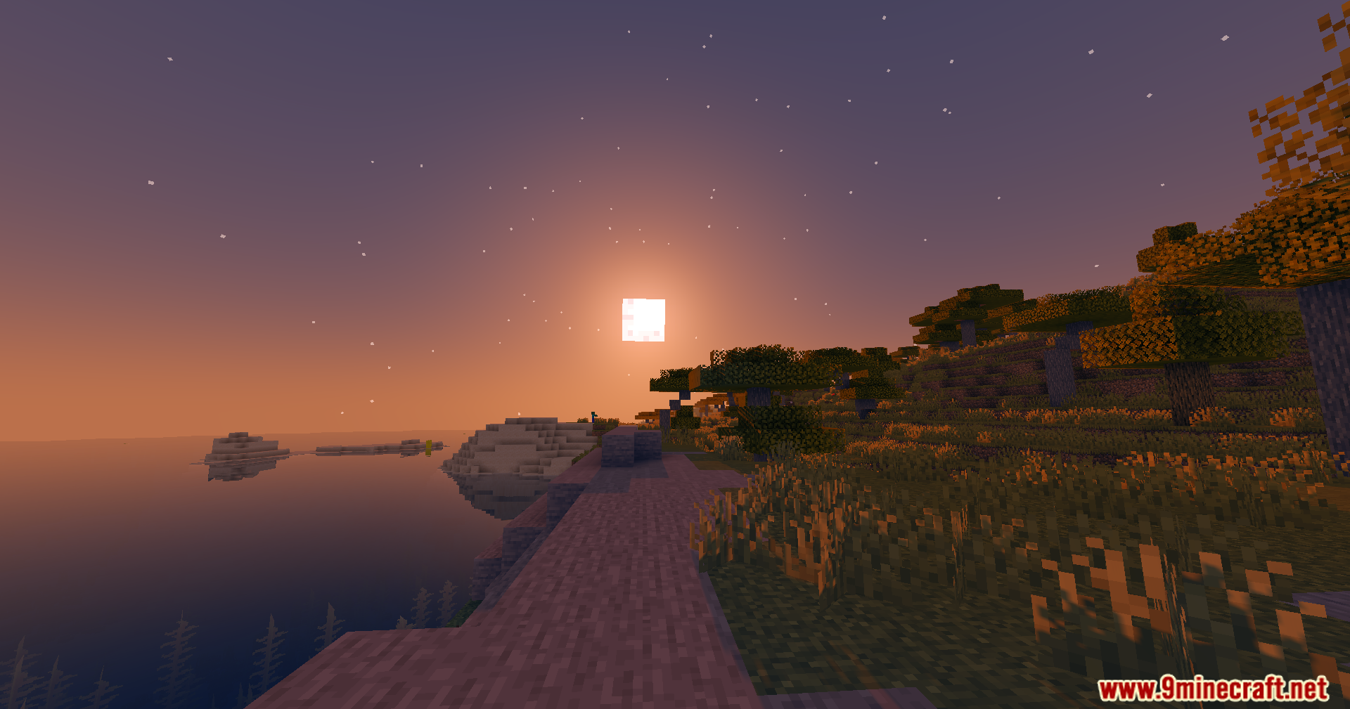 High Frames Plus Shaders Screenshot 2 The sun sets over a savanna landscape with trees and a path