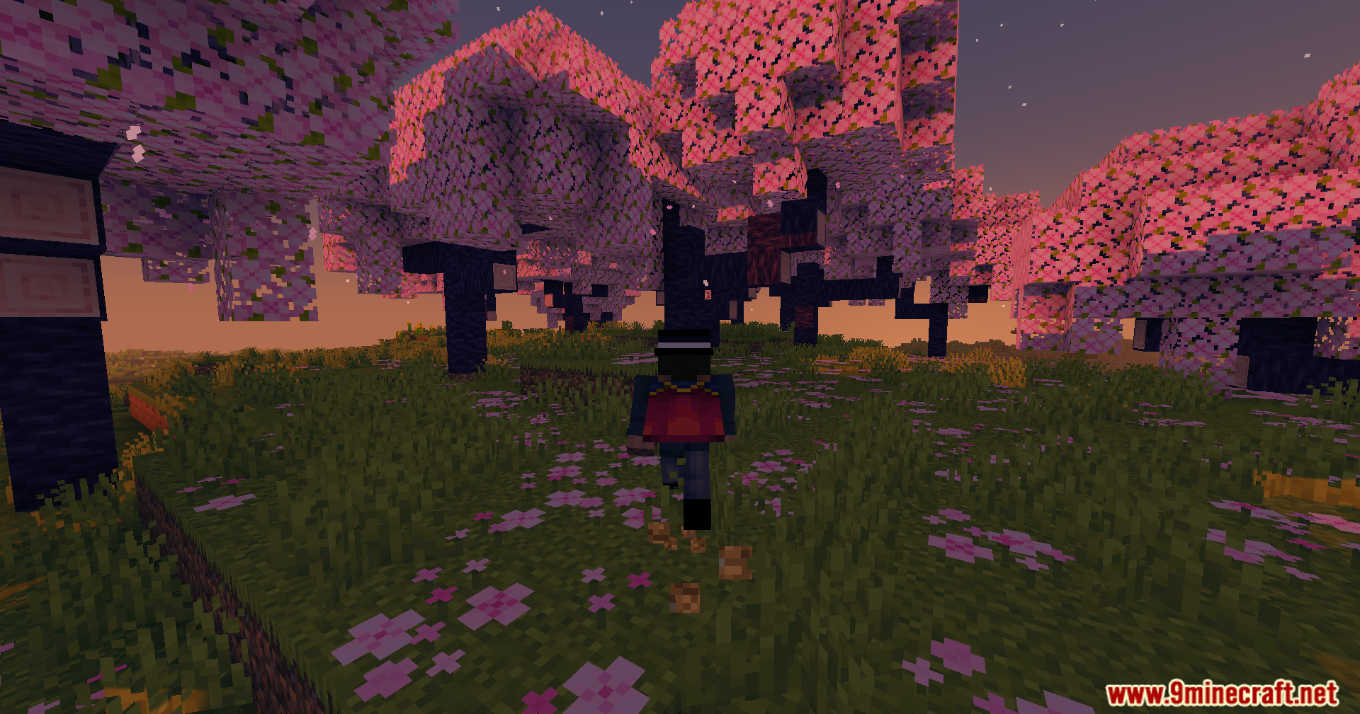High Frames Plus Shaders Screenshot 4 Player running through cherry blossom forest with enhanced lighting and soft shadows
