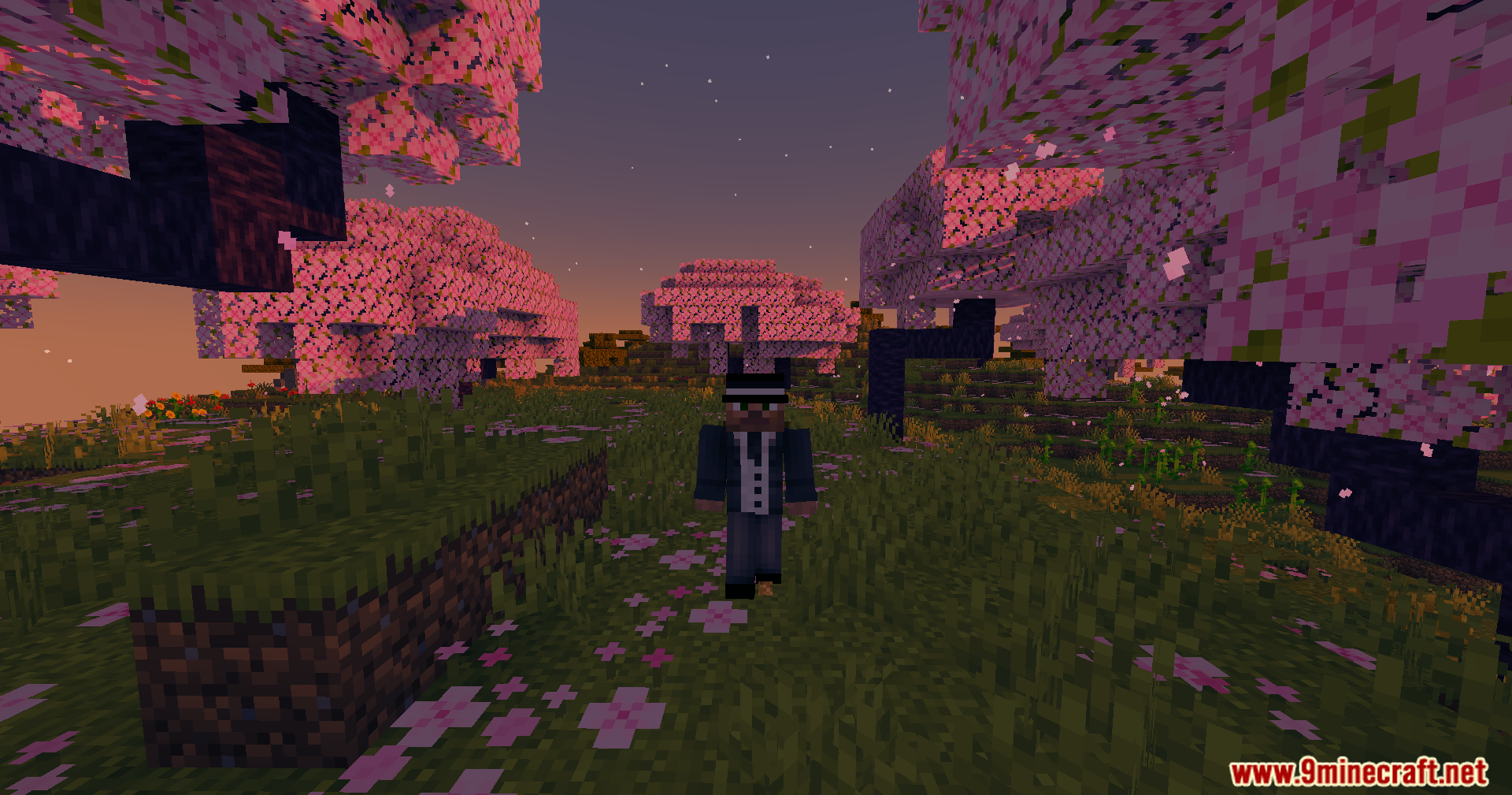 High Frames Plus Shaders Screenshot 5 A player in a suit stands in cherry blossoms using High Frames Plus Shaders