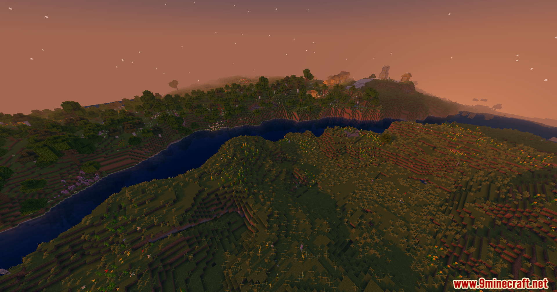 High Frames Plus Shaders Screenshot 6 Cinematic aerial view of reflective water flowing through hills at sunset