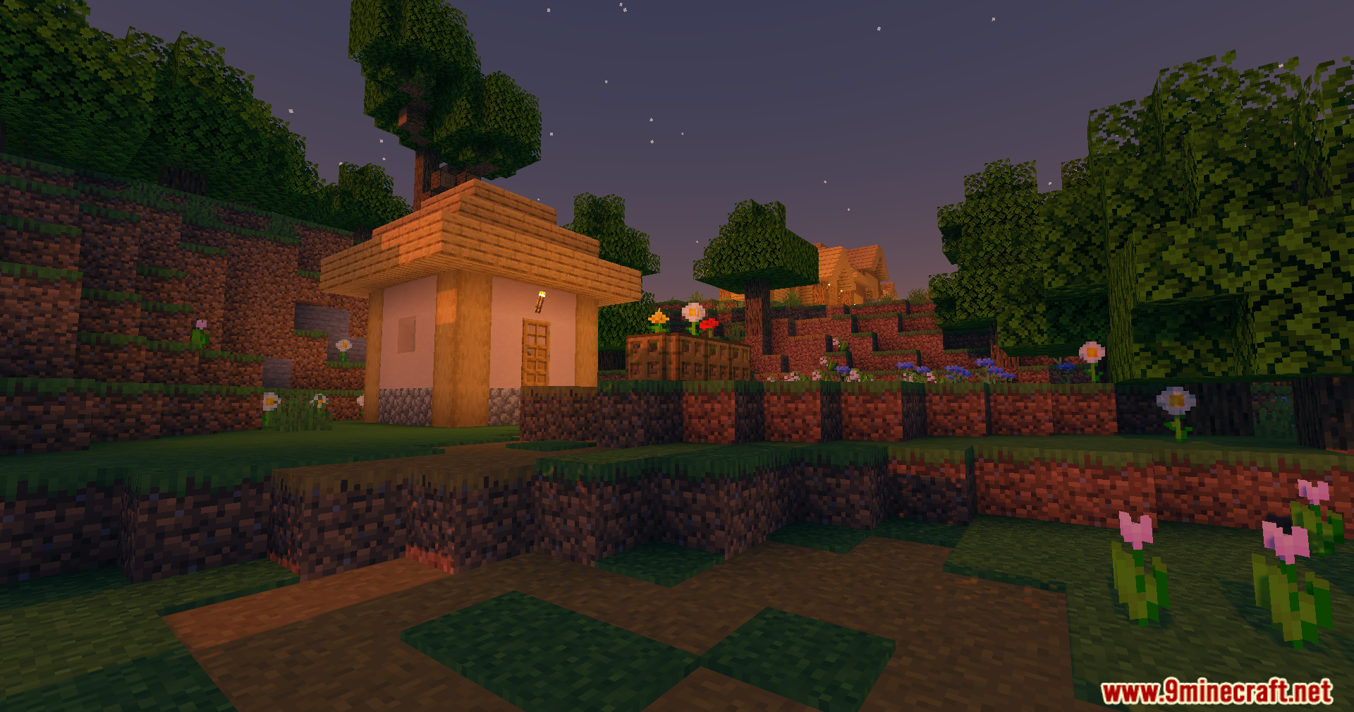High Frames Plus Shaders Screenshot 7 A cozy wooden house stands on a flowery hill during a quiet sunset