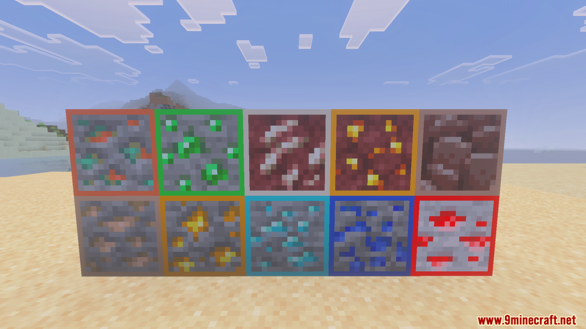 Highlighted Ores Texture Pack showing various ore blocks with bright colored borders