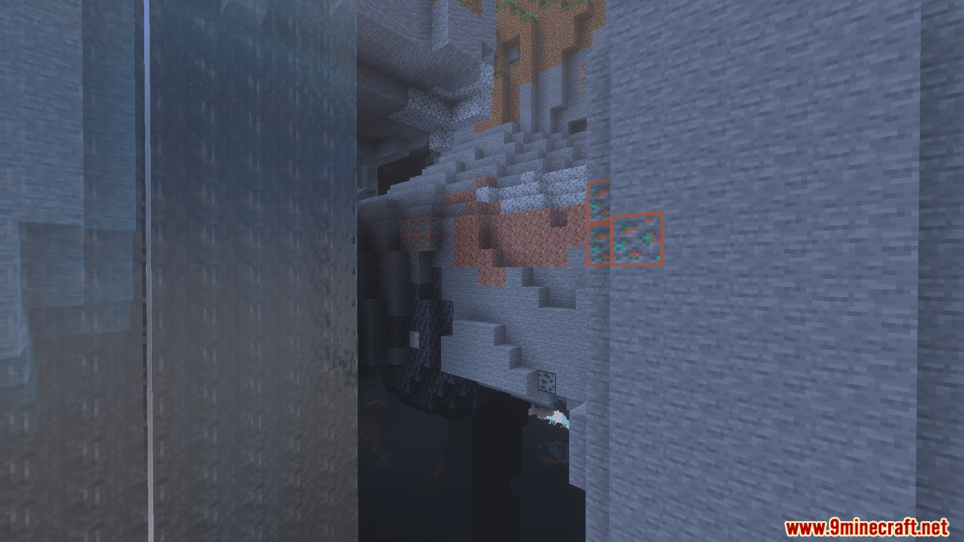 Brightly outlined ore blocks visible inside a dark cave near a waterfall