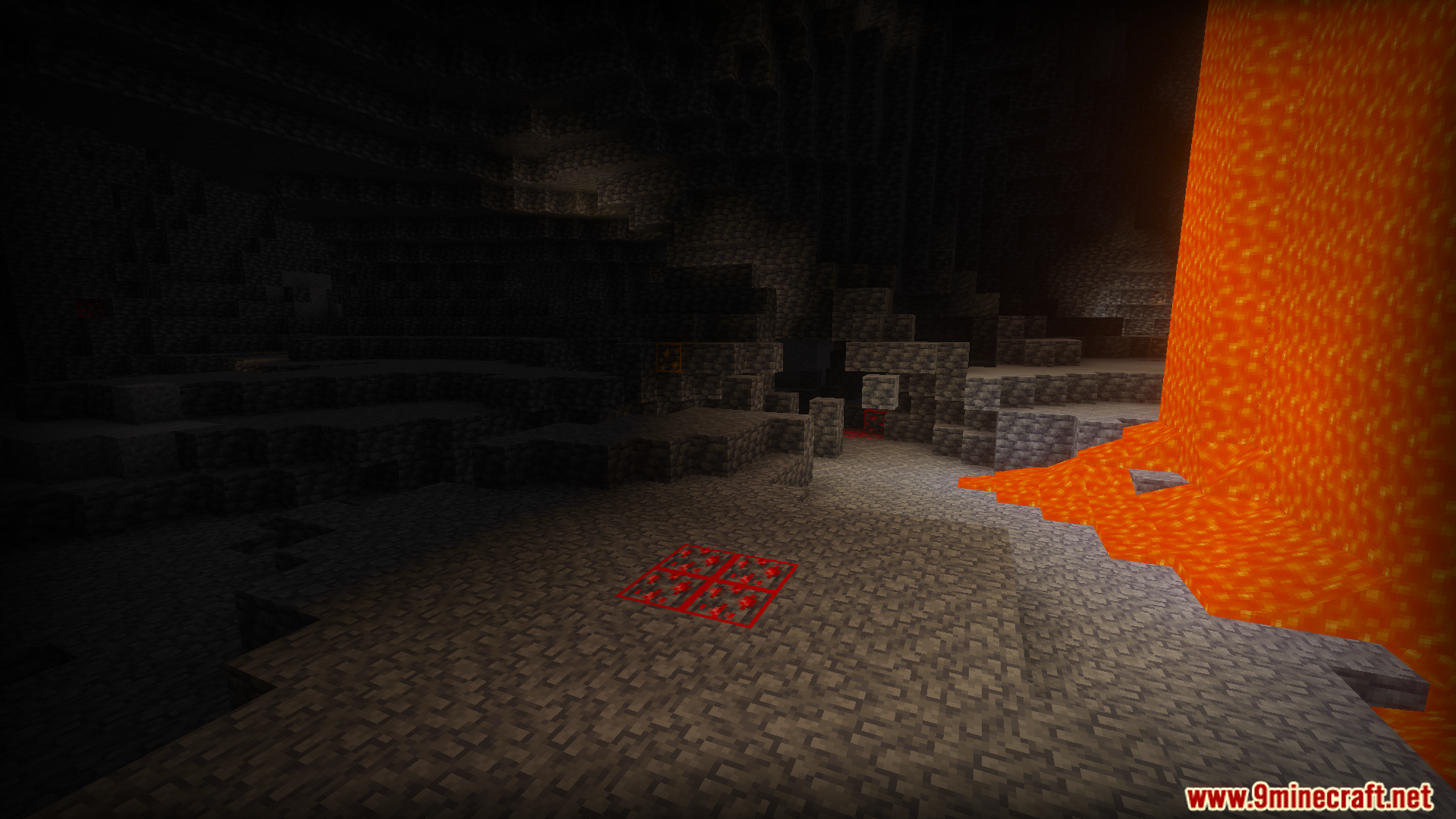 Highlighted Ores Texture Pack adds bright red borders to redstone near cave lava