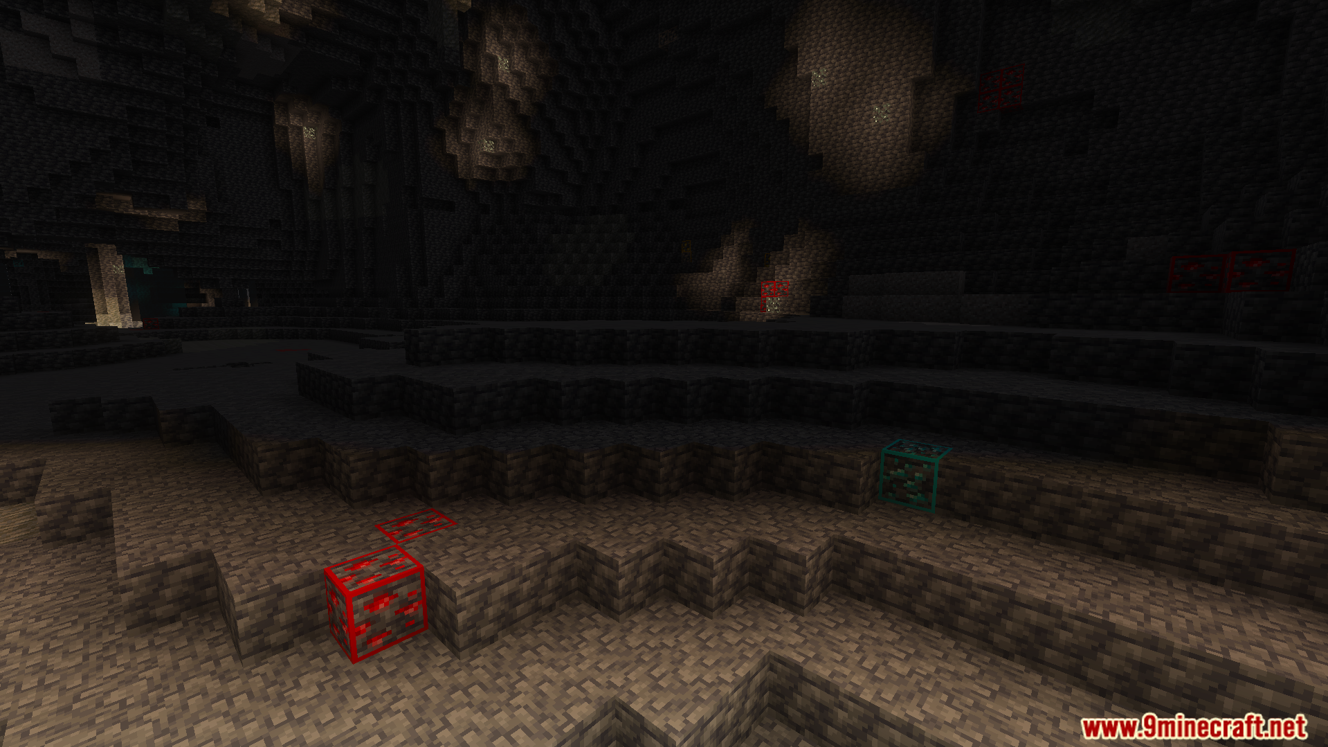 Diamond and redstone ores with colorful outlines are visible in a dark cave