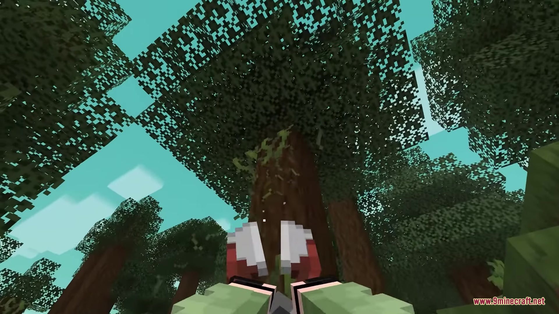 Player looking up at the forest canopy while holding shears with custom animations