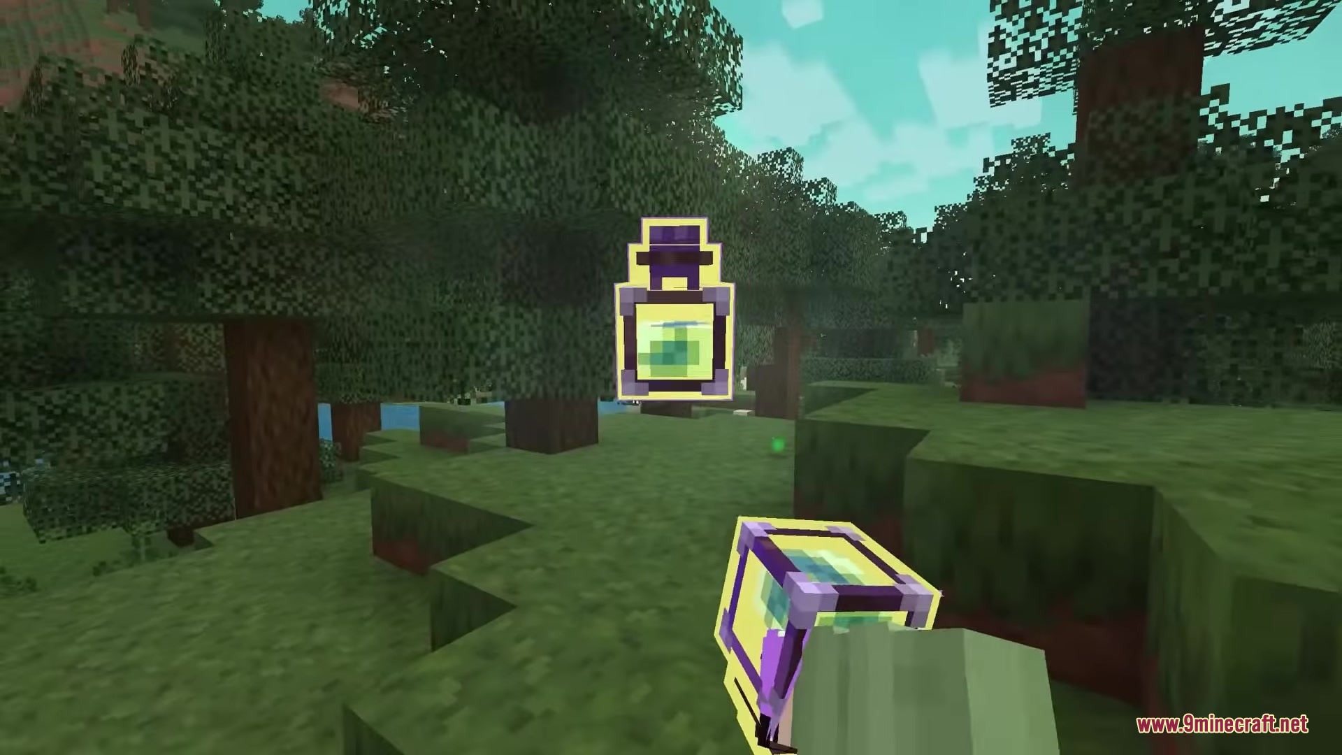 The character throws a glowing bottle item while using custom hand animations