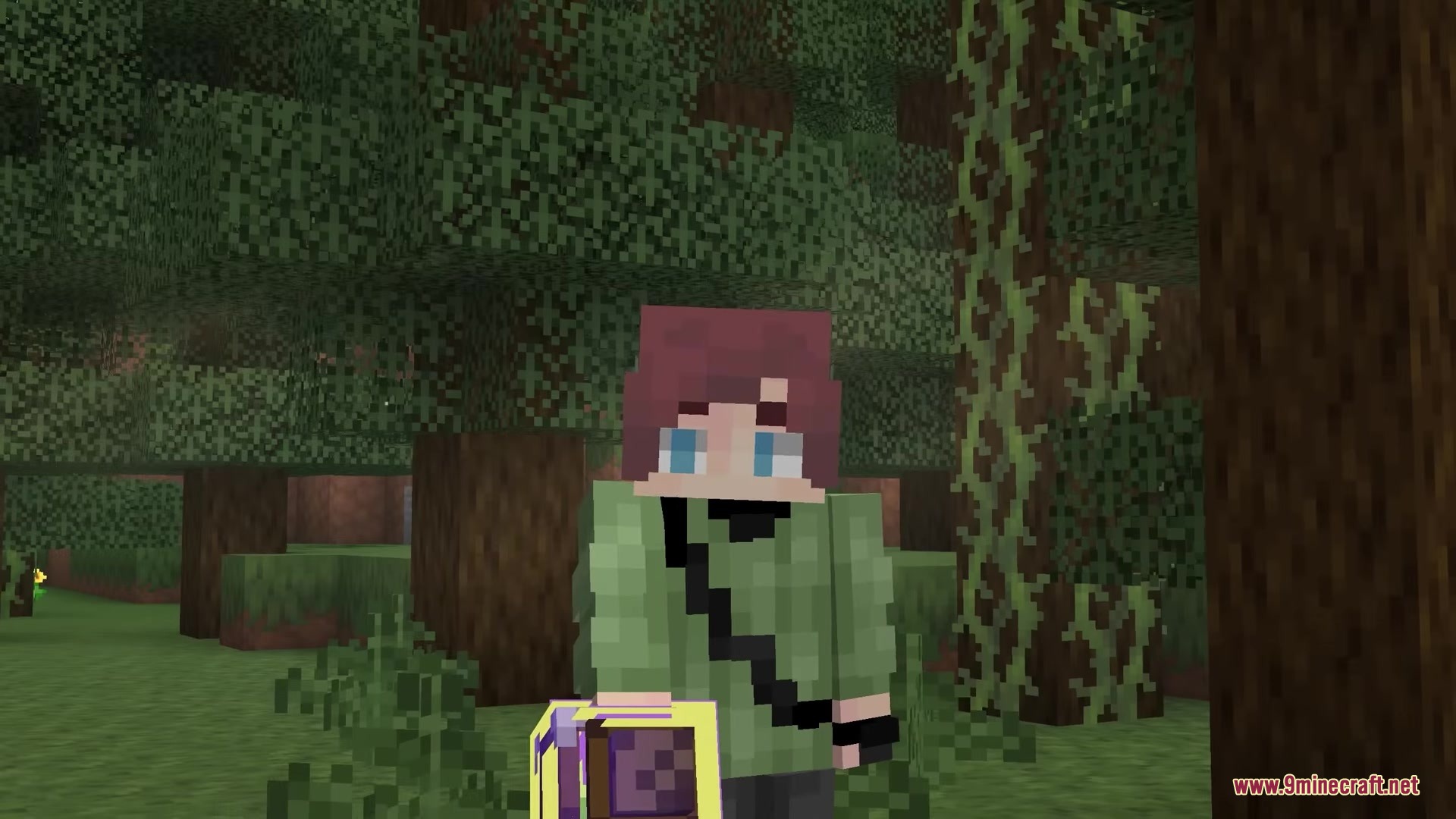 A Minecraft character holding a purple item with a unique hand pose animation