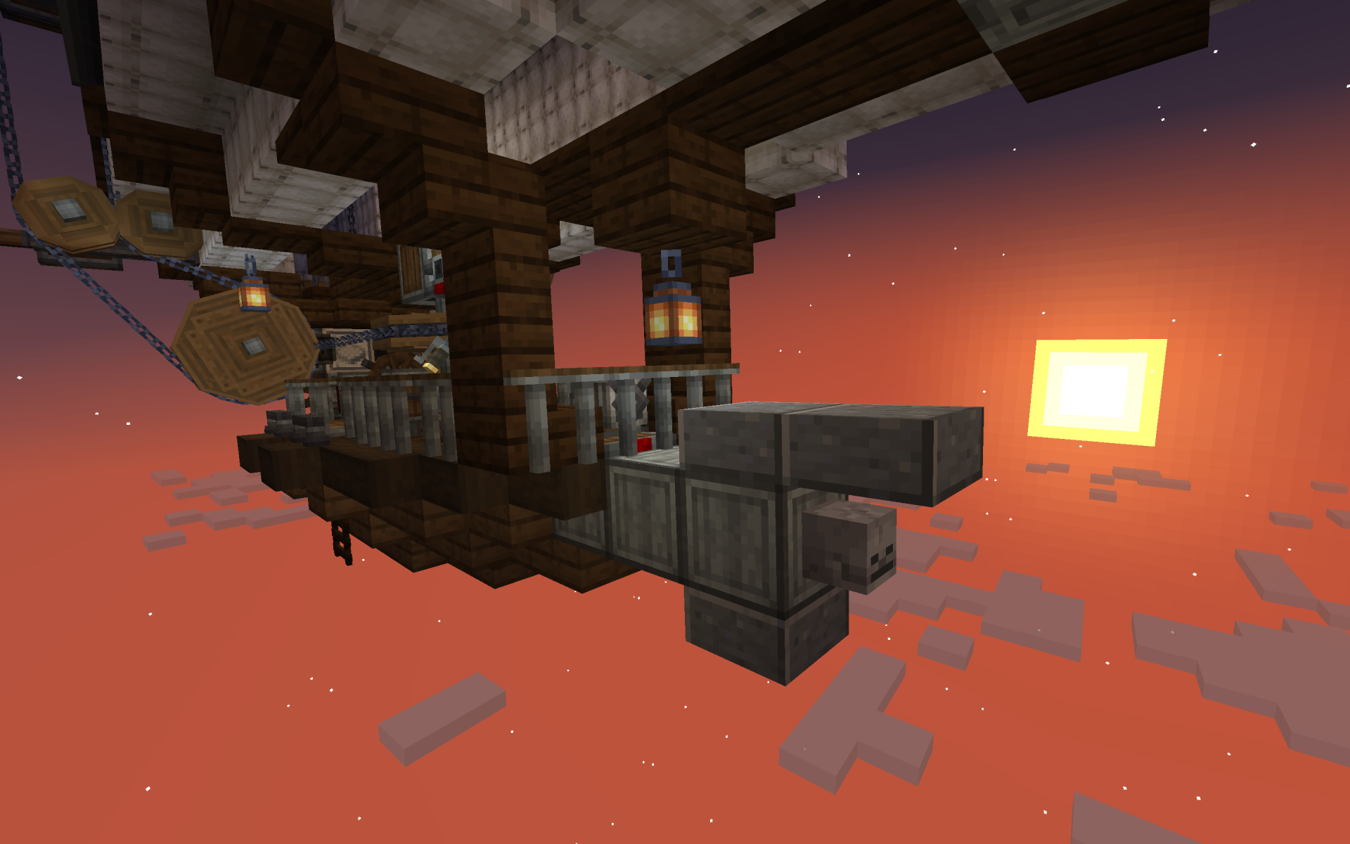 Close up view of the wooden deck and steering fins on the airship