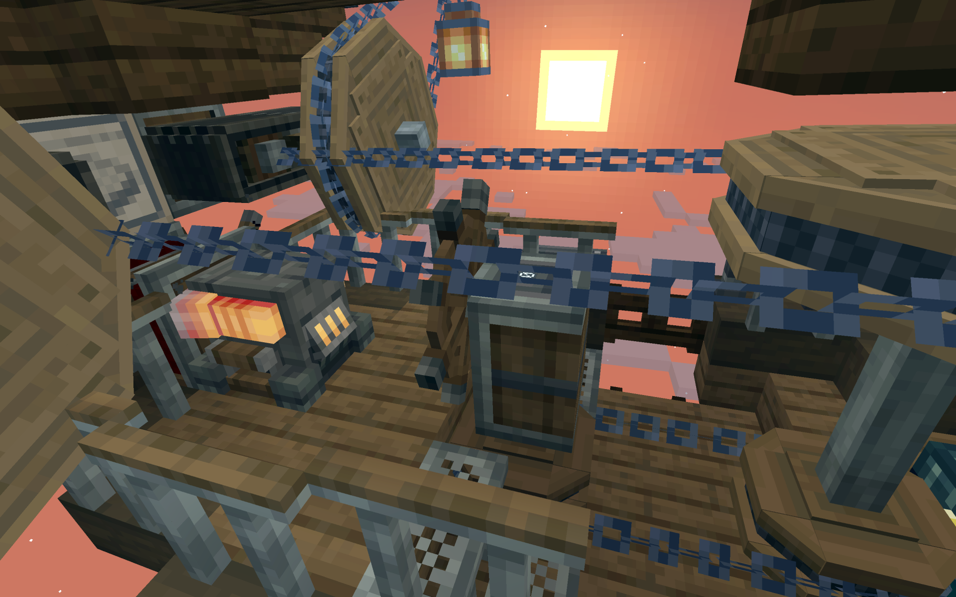 A portable engine and burner mechanism on a wooden airship at sunset