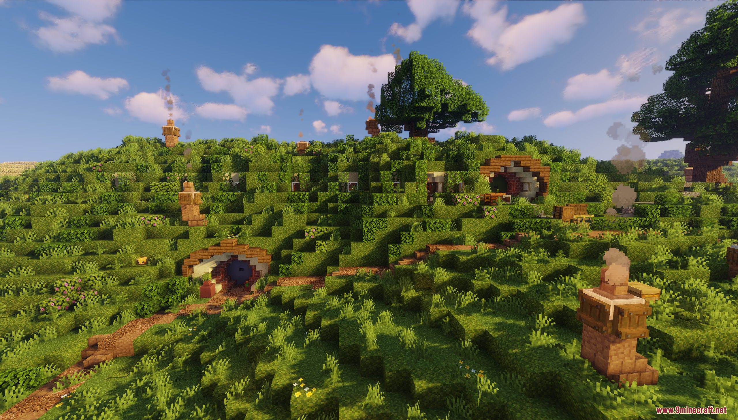Cozy hobbit holes with smoking chimneys built into a lush green Minecraft hillside