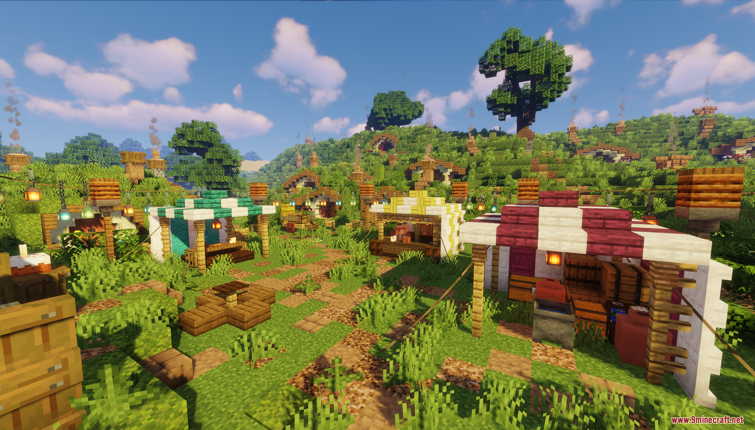 A vibrant marketplace with colorful stalls in the Hobbiton village map
