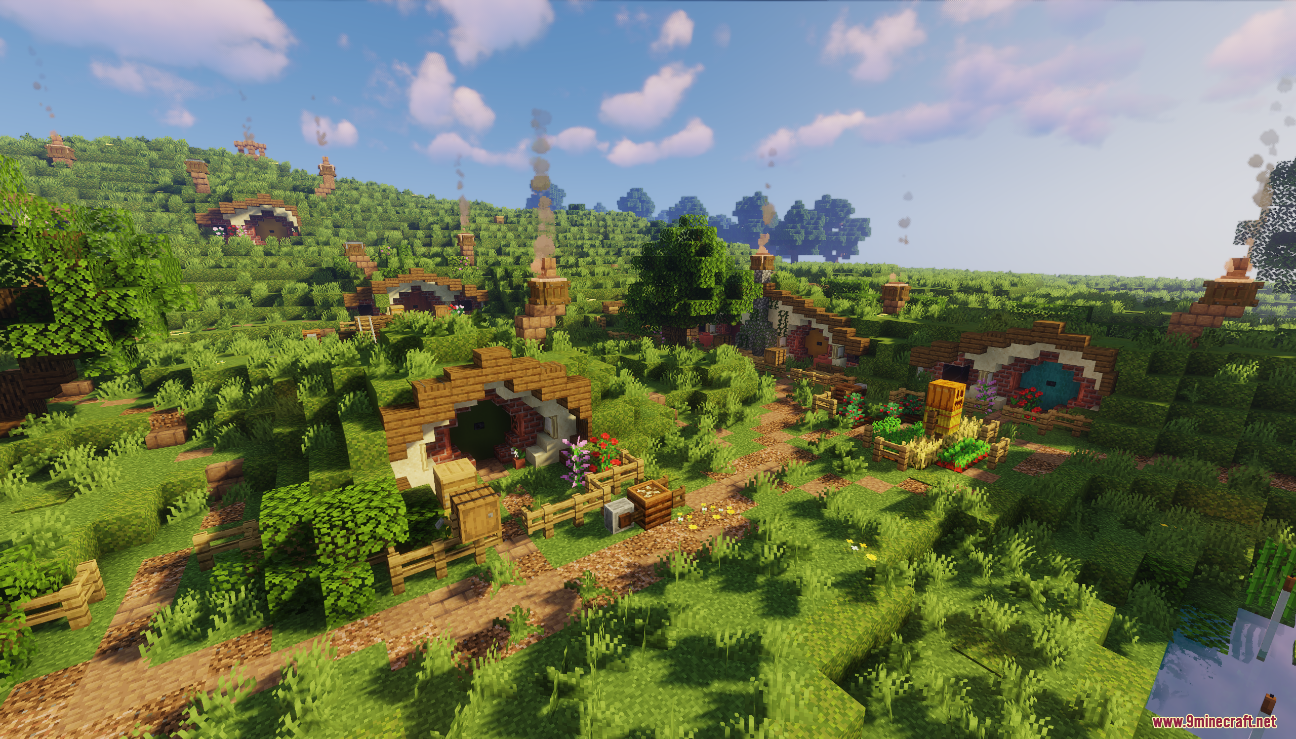 Cozy Hobbit holes with round doors built into a lush green hillside
