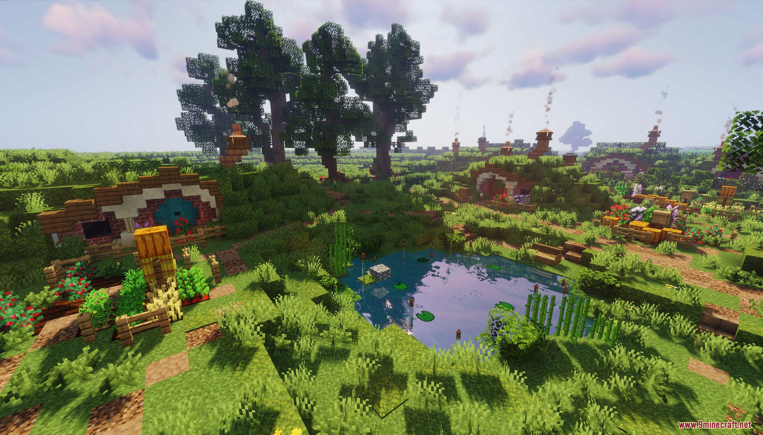 A cozy hobbit hole with a blue door overlooking a small garden pond