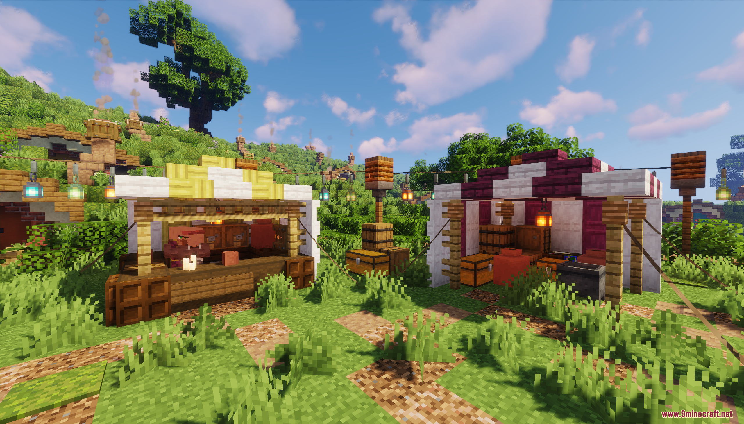 Two colorful market stalls with lanterns and a villager behind a wooden counter