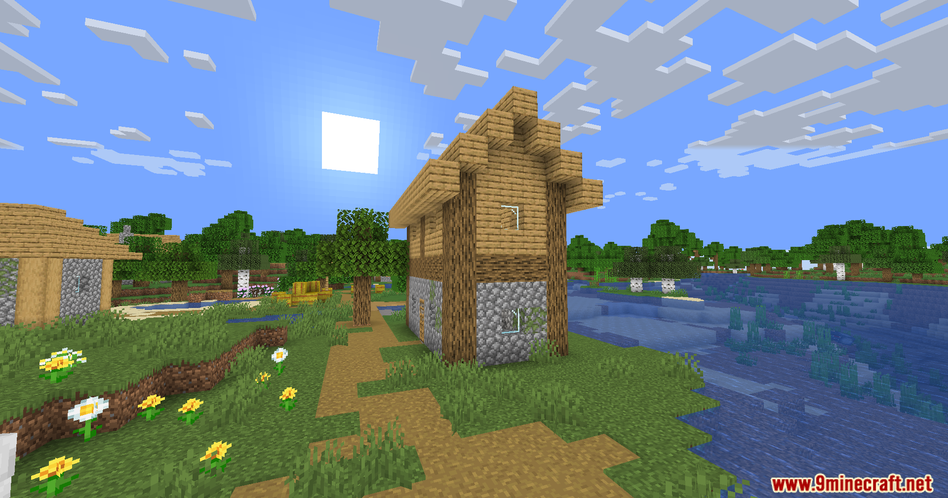 A wooden house near a river showing lighting effects from Hola Blocks Shaders
