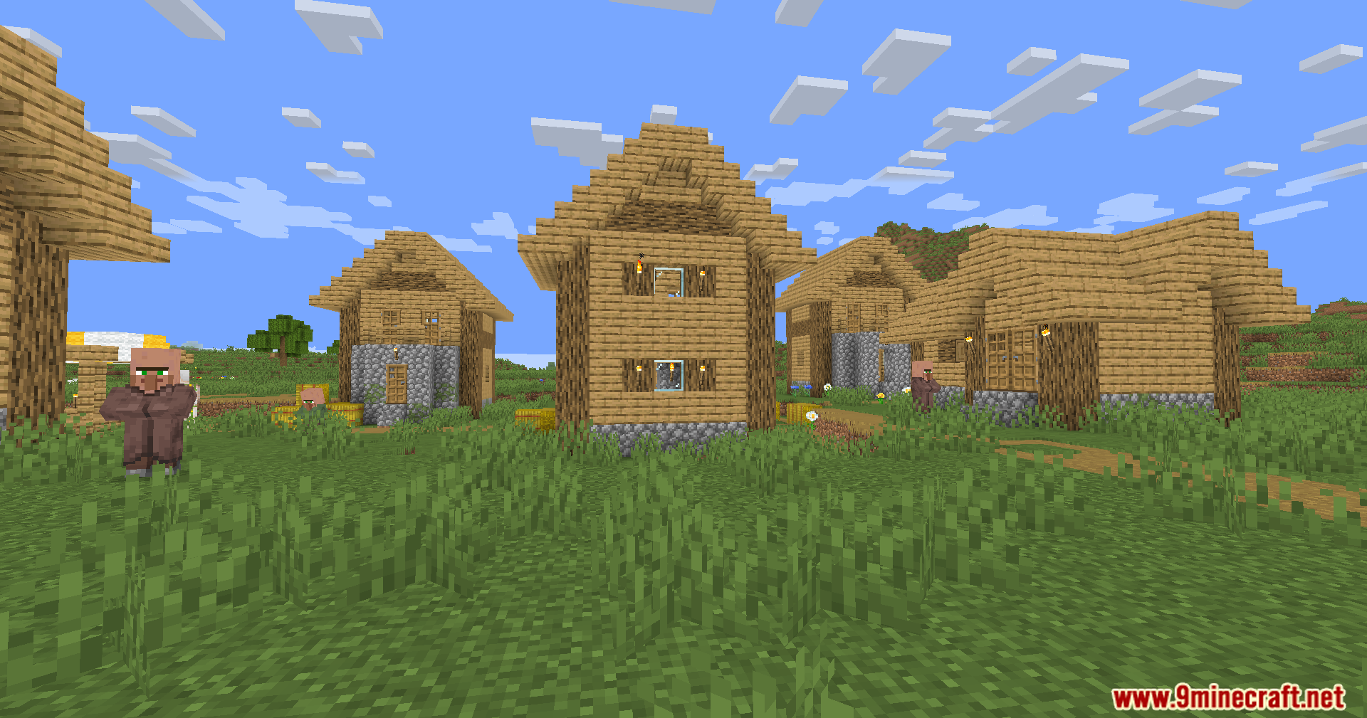 Wooden houses in a village showing detailed textures and realistic lighting effects
