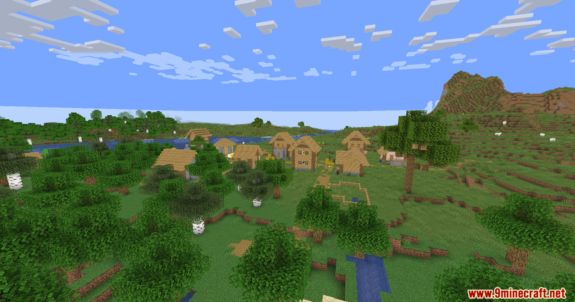 Hola Blocks Shaders enhances the lighting of this peaceful Minecraft village scene