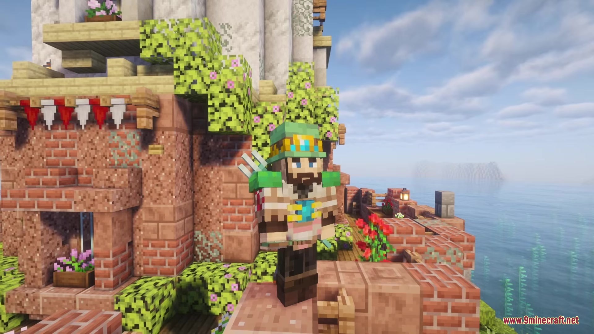 A player in custom armor stands on a brick balcony overlooking the ocean