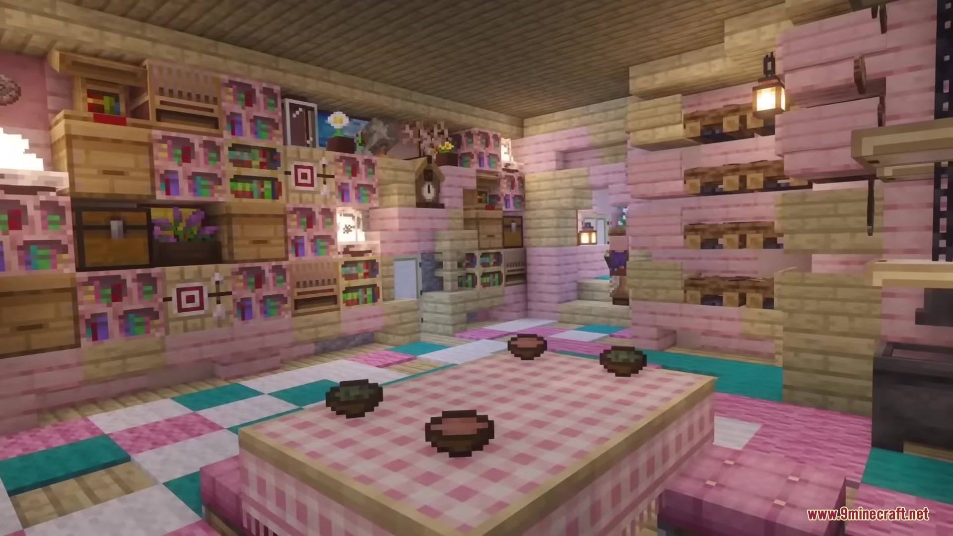 A cozy pink room decorated with many shelves and a checkered dining table