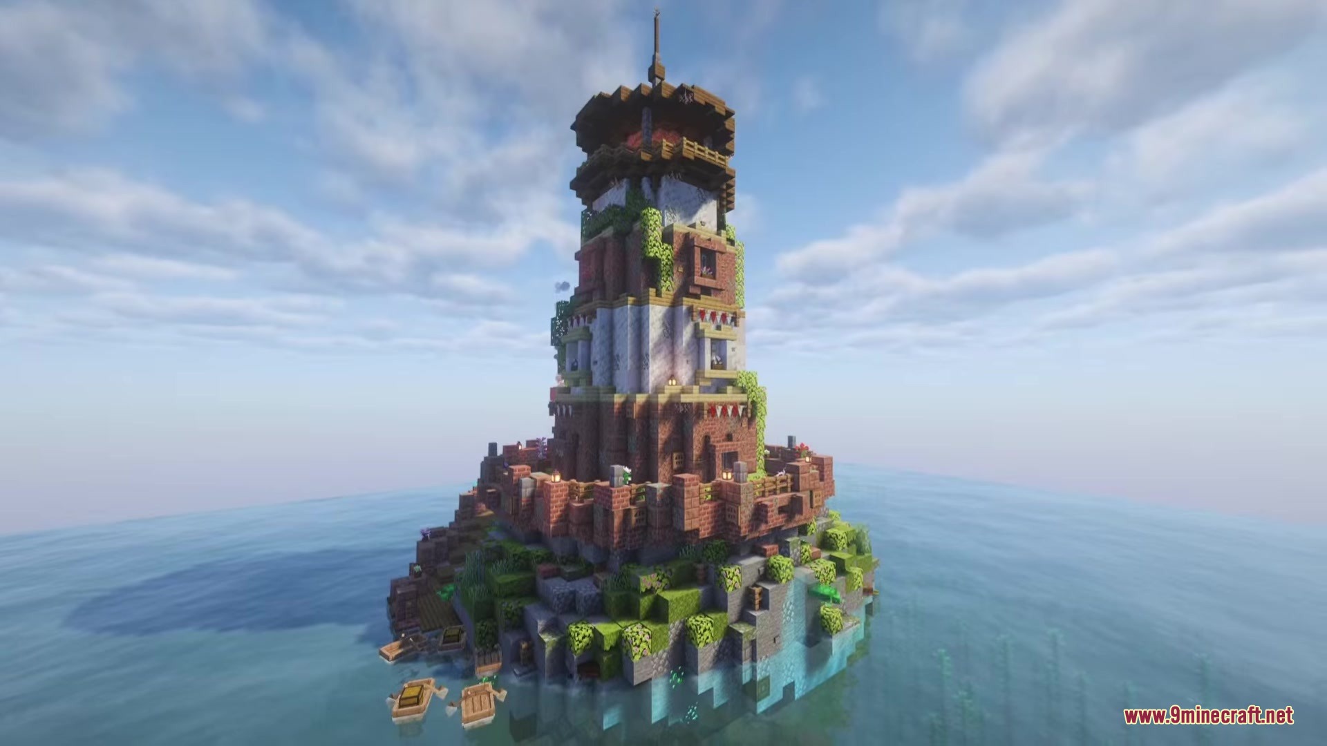 A tall detailed lighthouse structure built on a small island in the ocean