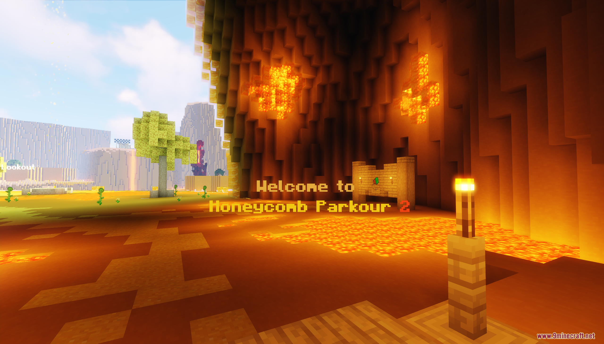 Honeycomb Parkour 2 Map Screenshot 1 Welcome screen for Honeycomb Parkour 2 map with lava and glowing cave walls