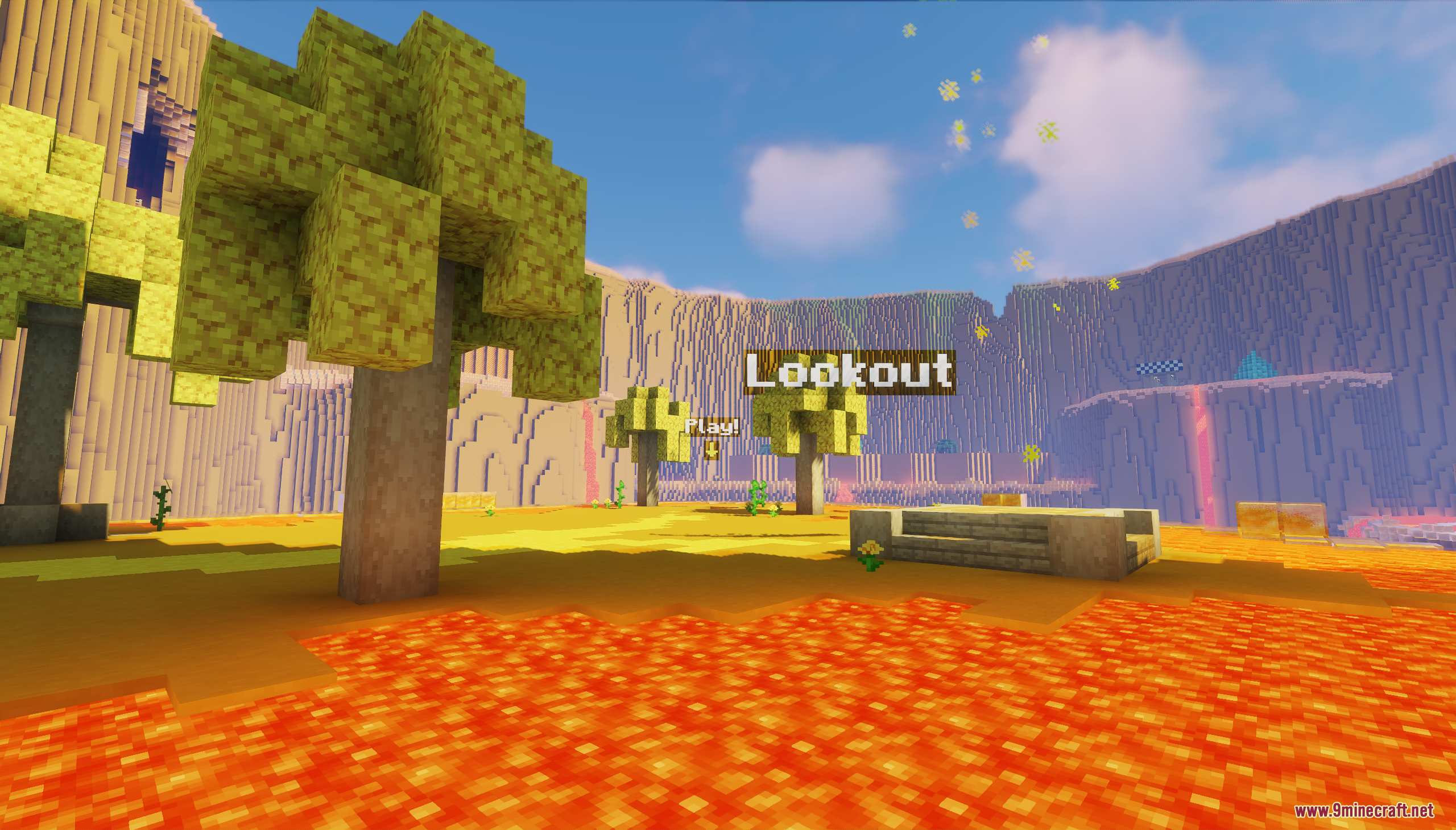 Honeycomb Parkour 2 Map Screenshot 2 Minecraft parkour course with custom trees and lava pools under a bright sky