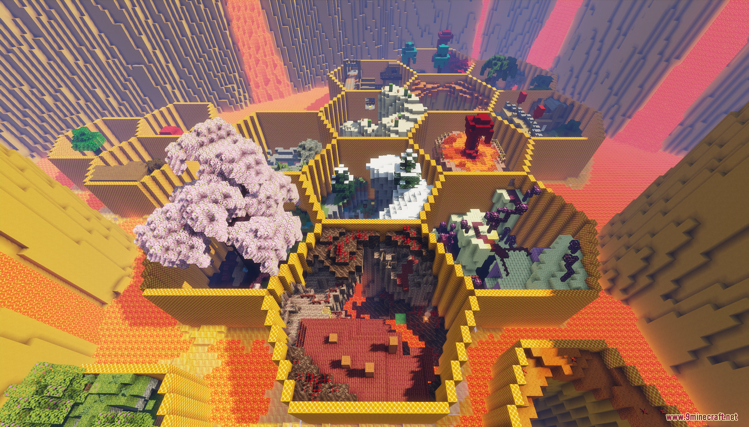Honeycomb Parkour 2 Map Screenshot 4 Aerial view of the Honeycomb Parkour 2 map with various themed biome cells
