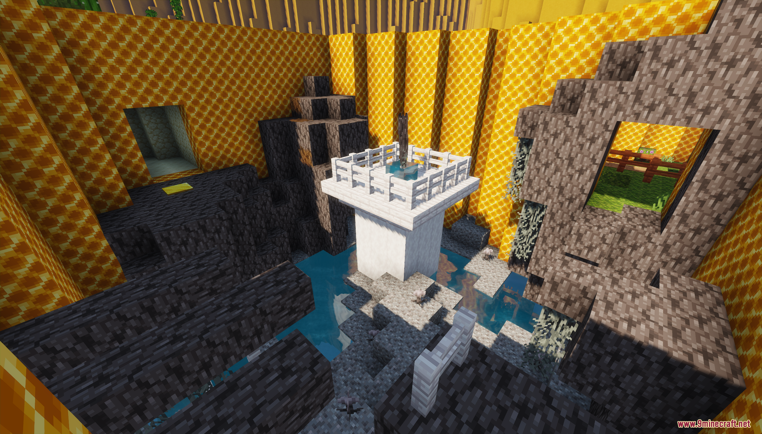 Honeycomb Parkour 2 Map Screenshot 6 A parkour course with stone and a white platform inside a honeycomb cell