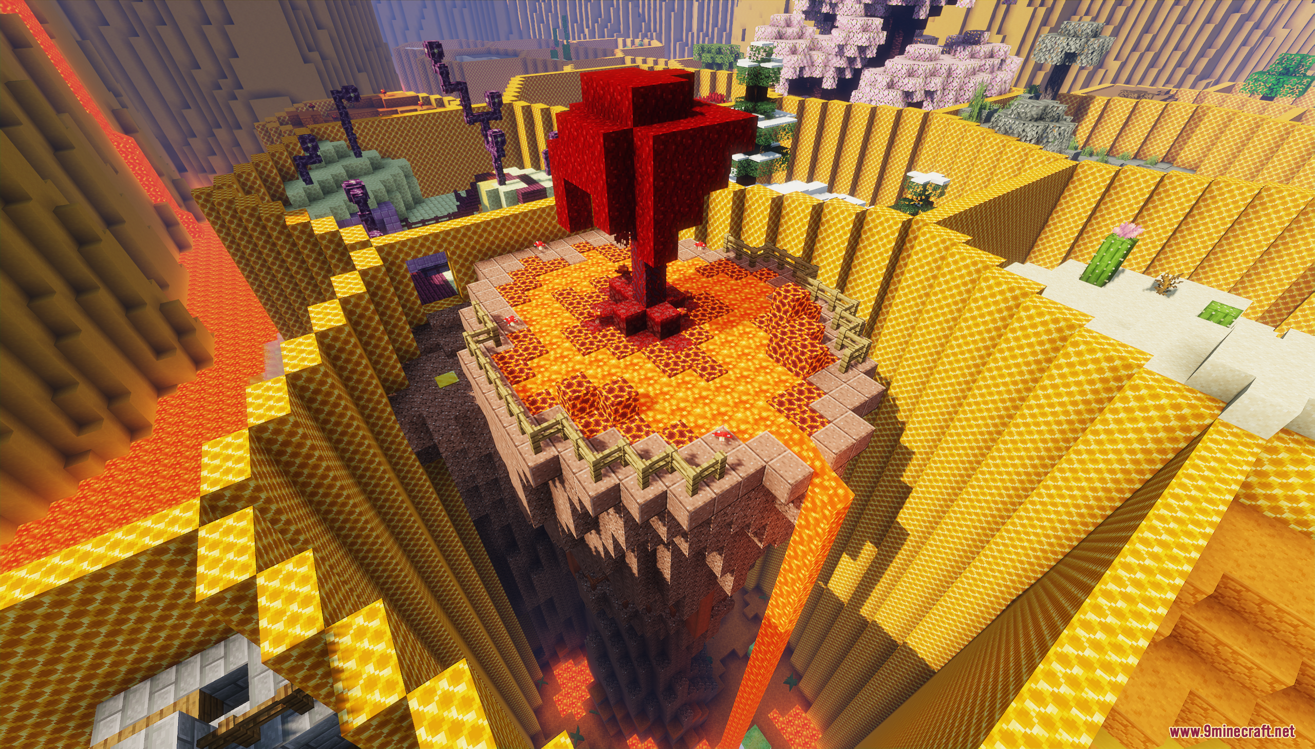 Honeycomb Parkour 2 Map Screenshot 7 Red tree on a floating island surrounded by lava and honeycomb walls