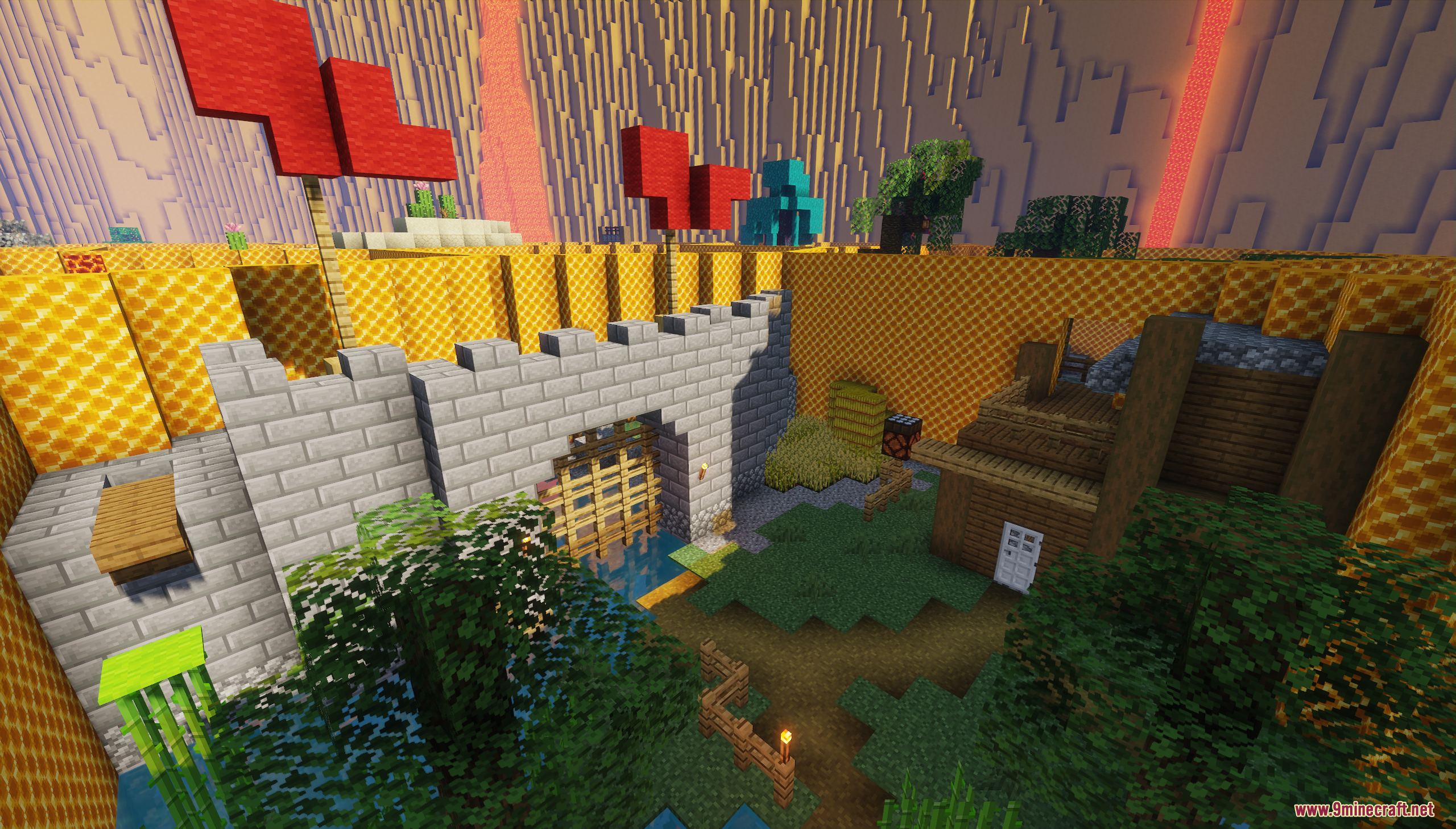 Honeycomb Parkour 2 Map Screenshot 8 Stone castle gate and wooden buildings surrounded by tall honeycomb block walls