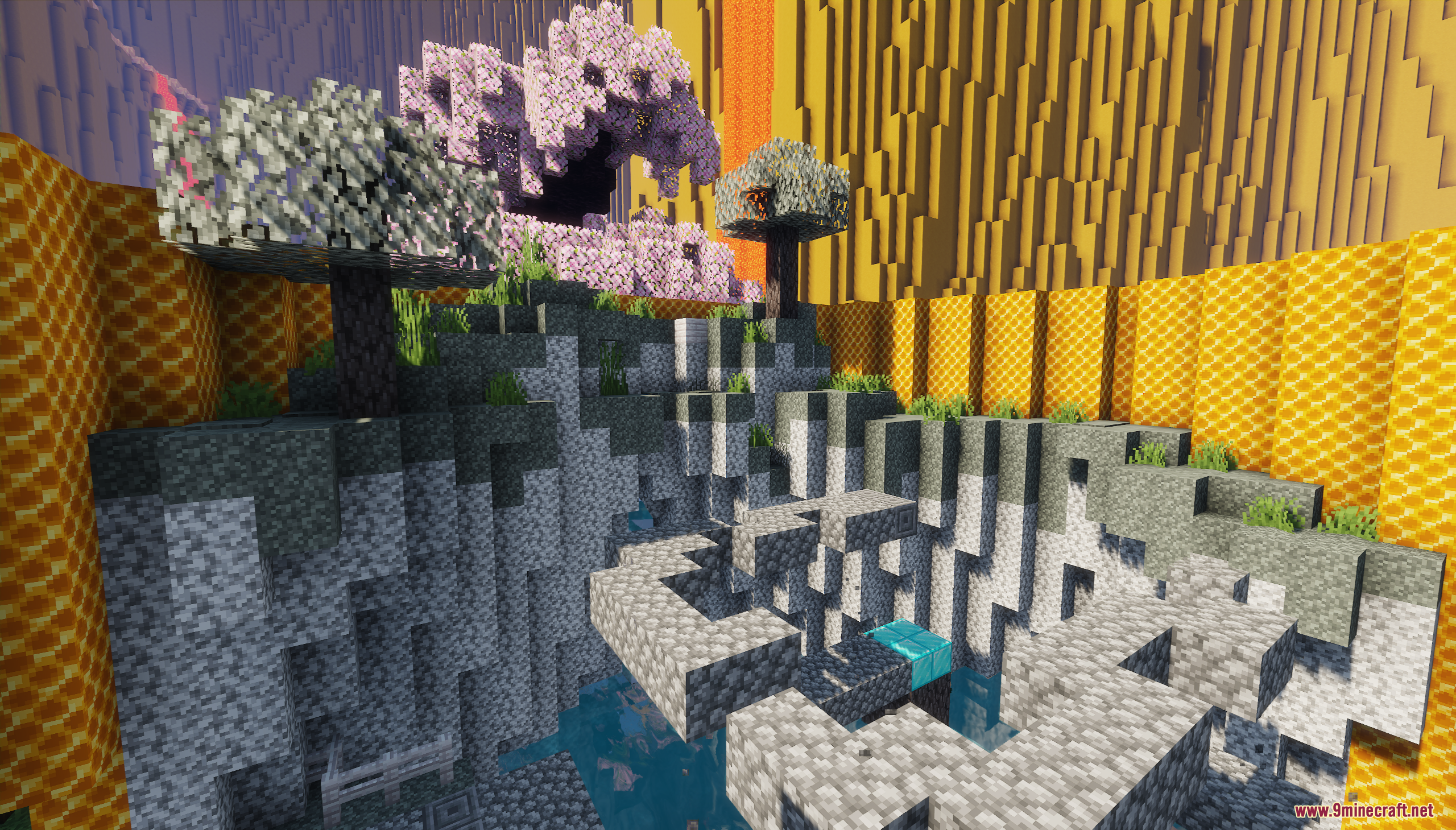 Honeycomb Parkour 2 Map Screenshot 9 Stone cliffs and cherry blossom trees inside a honeycomb cell for parkour