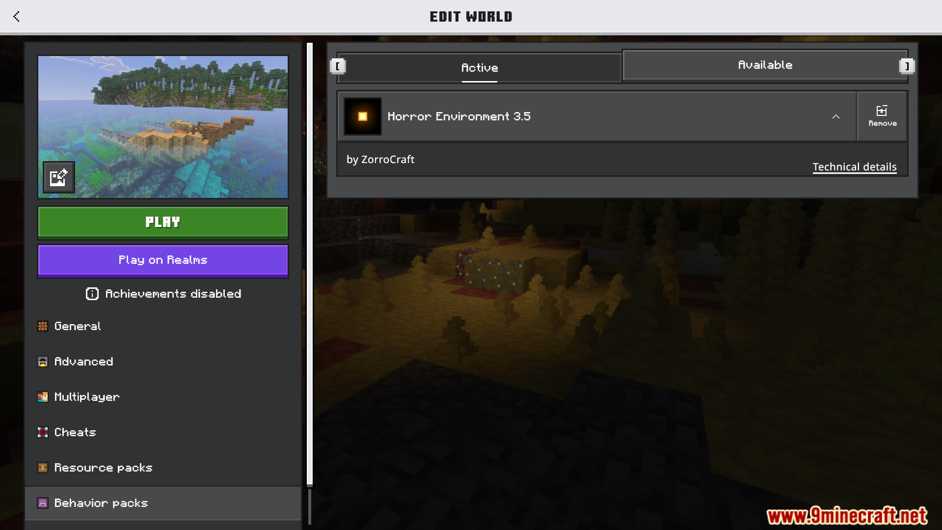 Horror Environment Addon Screenshot 1 Edit world menu showing the Horror Environment addon active in the behavior packs tab