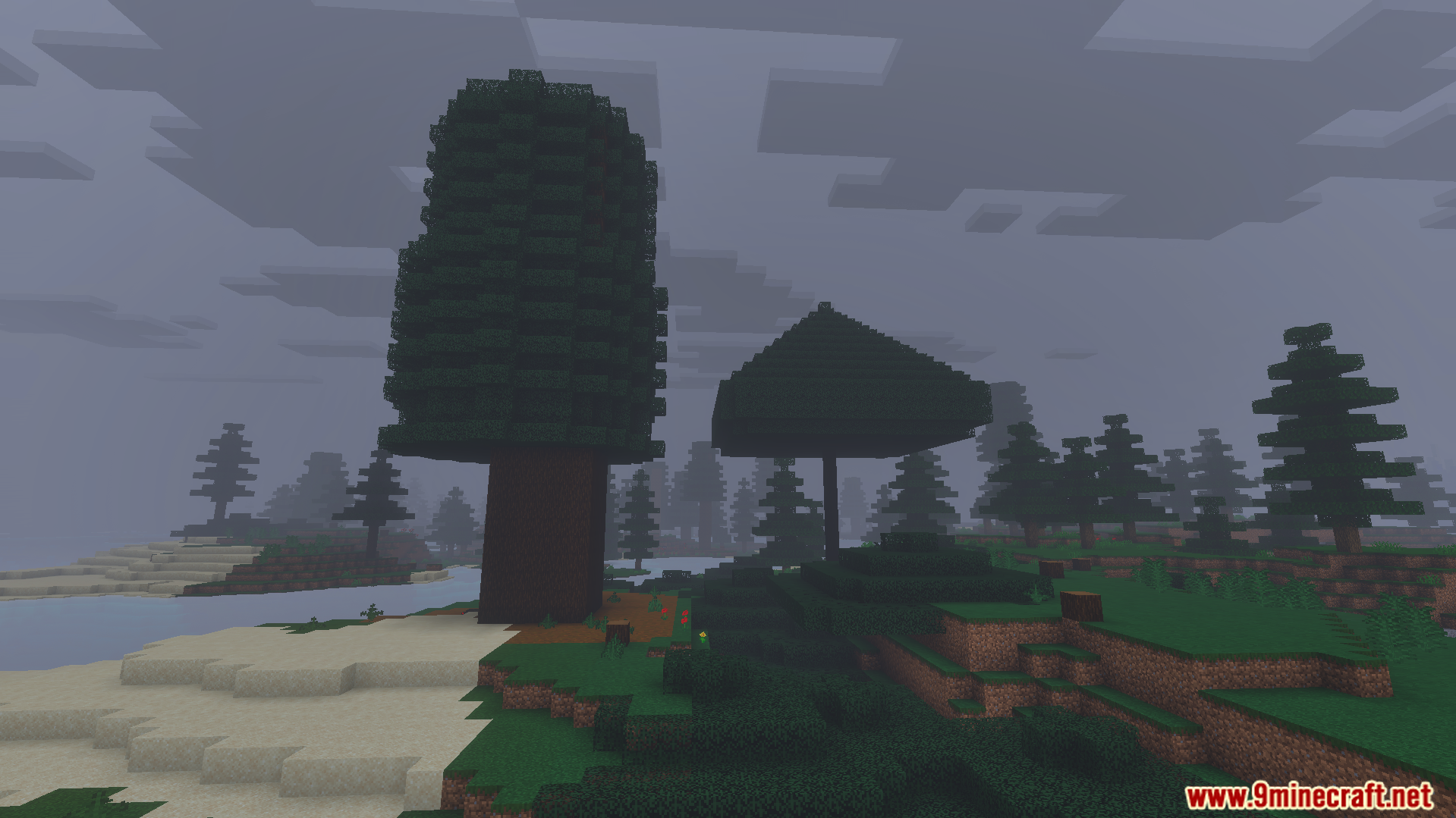 Horror Environment Addon Screenshot 2 A dark forest biome with thick fog and tall trees in a spooky world