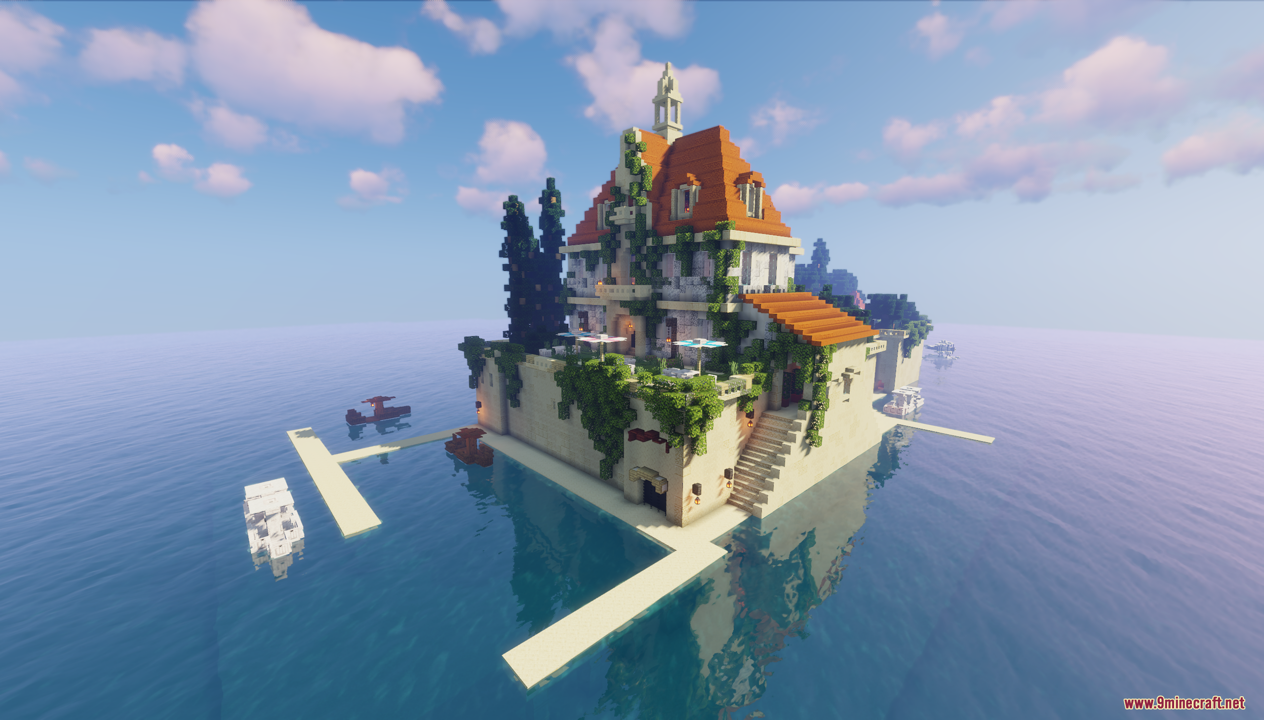 Hotel Adriano Map Screenshot 1 Hotel Adriano is a grand building on a small island in Minecraft
