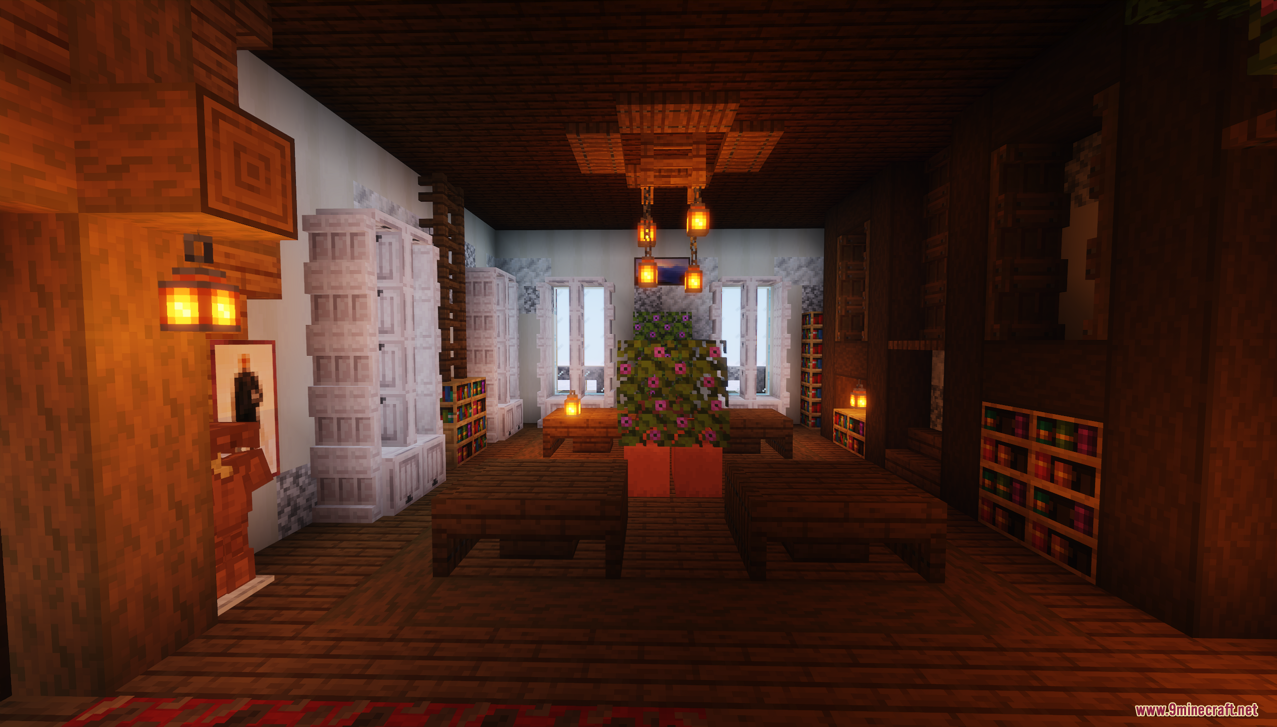 Hotel Adriano Map Screenshot 10 Interior view of a room with wooden tables and bookshelves in Minecraft