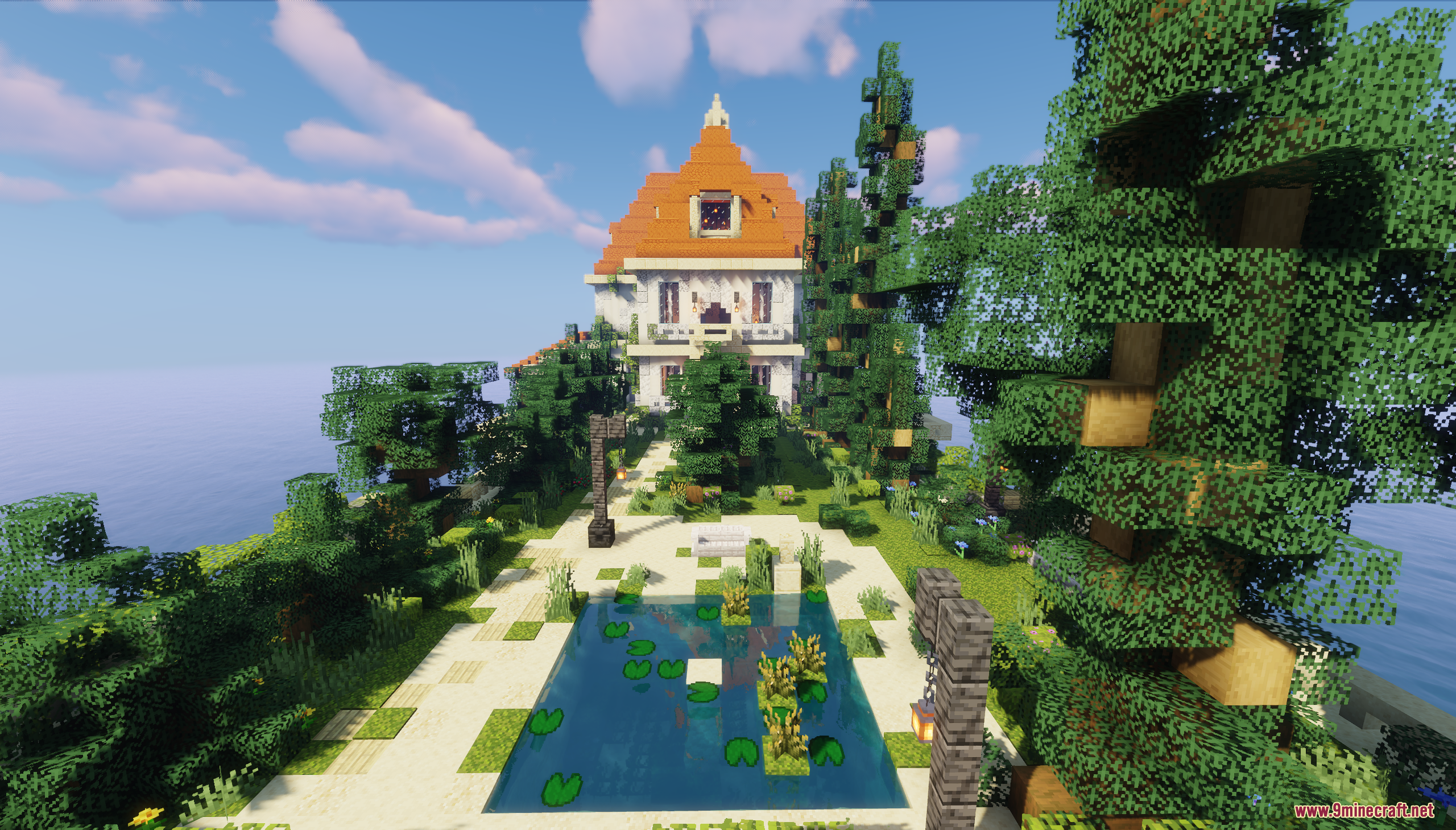 Hotel Adriano Map Screenshot 4 Beautiful garden area with a lily pad pond and tall green trees