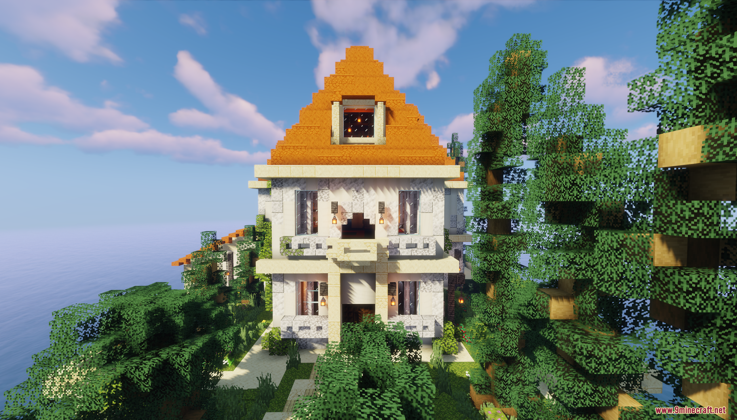 Hotel Adriano Map Screenshot 5 A white Minecraft house with an orange roof overlooking the blue ocean