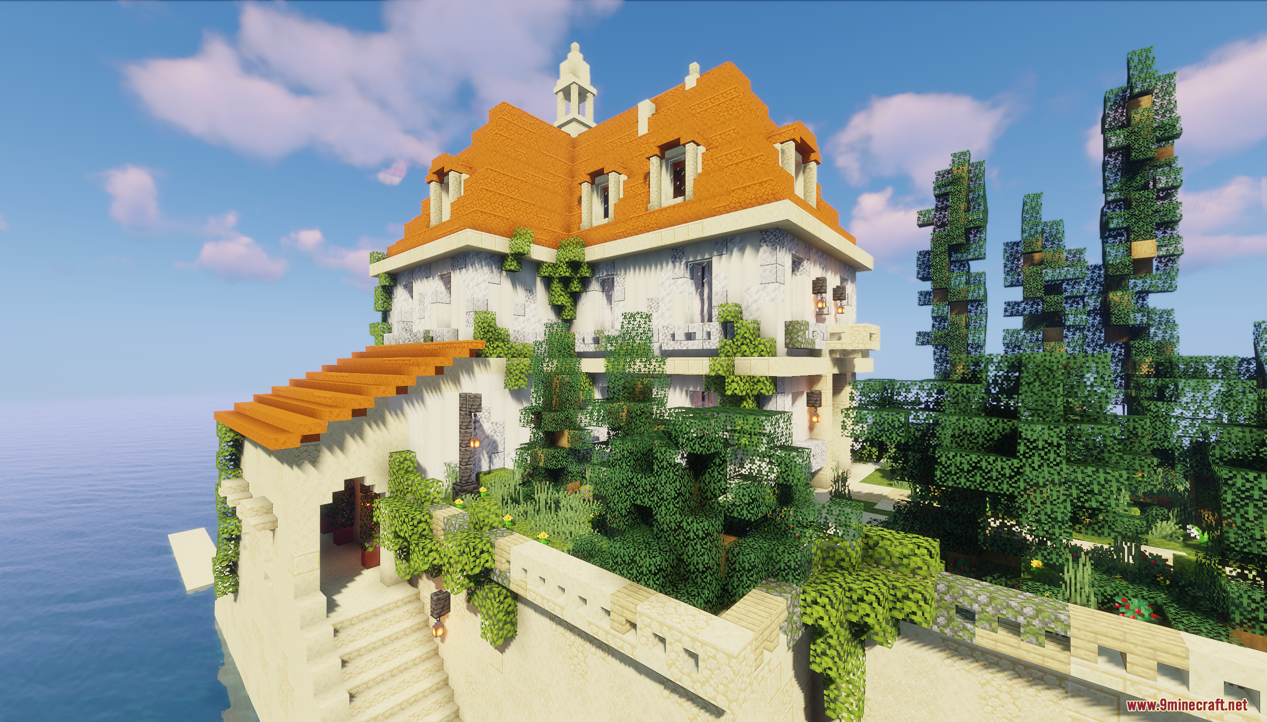 Hotel Adriano Map Screenshot 8 Detailed view of a white Minecraft building with lush green gardens