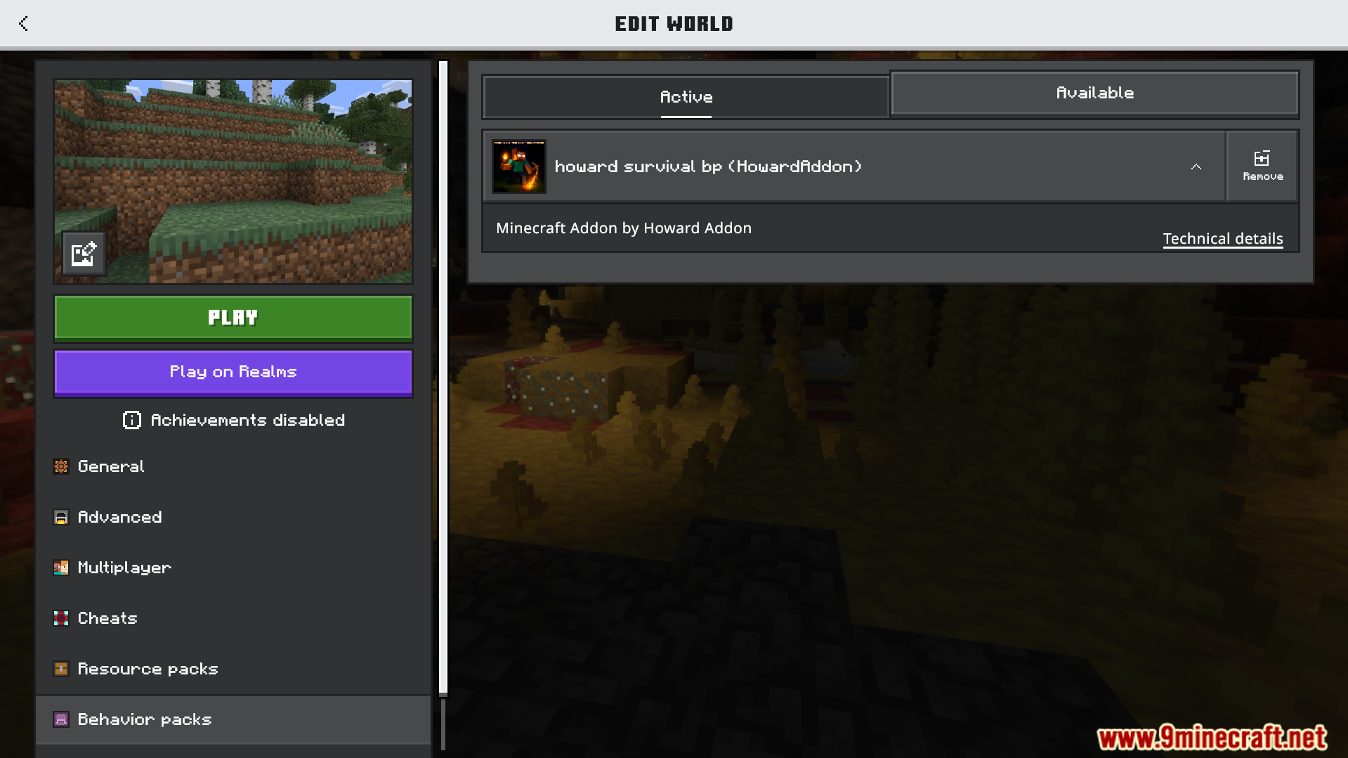 Howard Survival Addon Screenshot 1 The world settings menu showing the active Howard Survival behavior pack addon