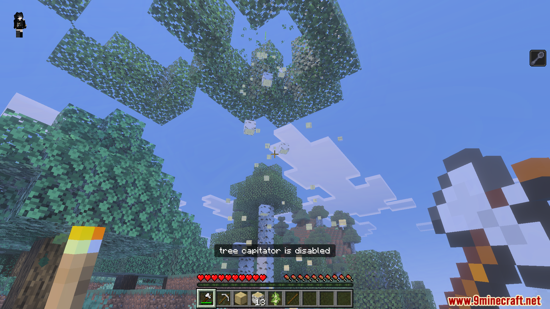Howard Survival Addon Screenshot 3 Player using the tree capitator feature to chop down a birch tree