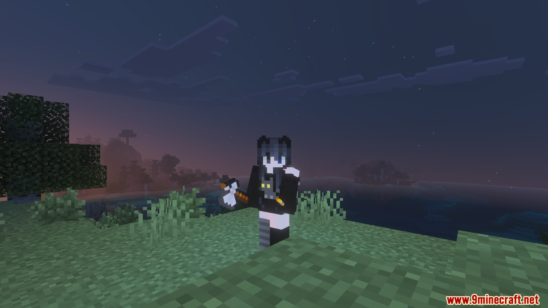 Howard Survival Addon Screenshot 6 Player character using dynamic lighting while holding a torch and axe at night