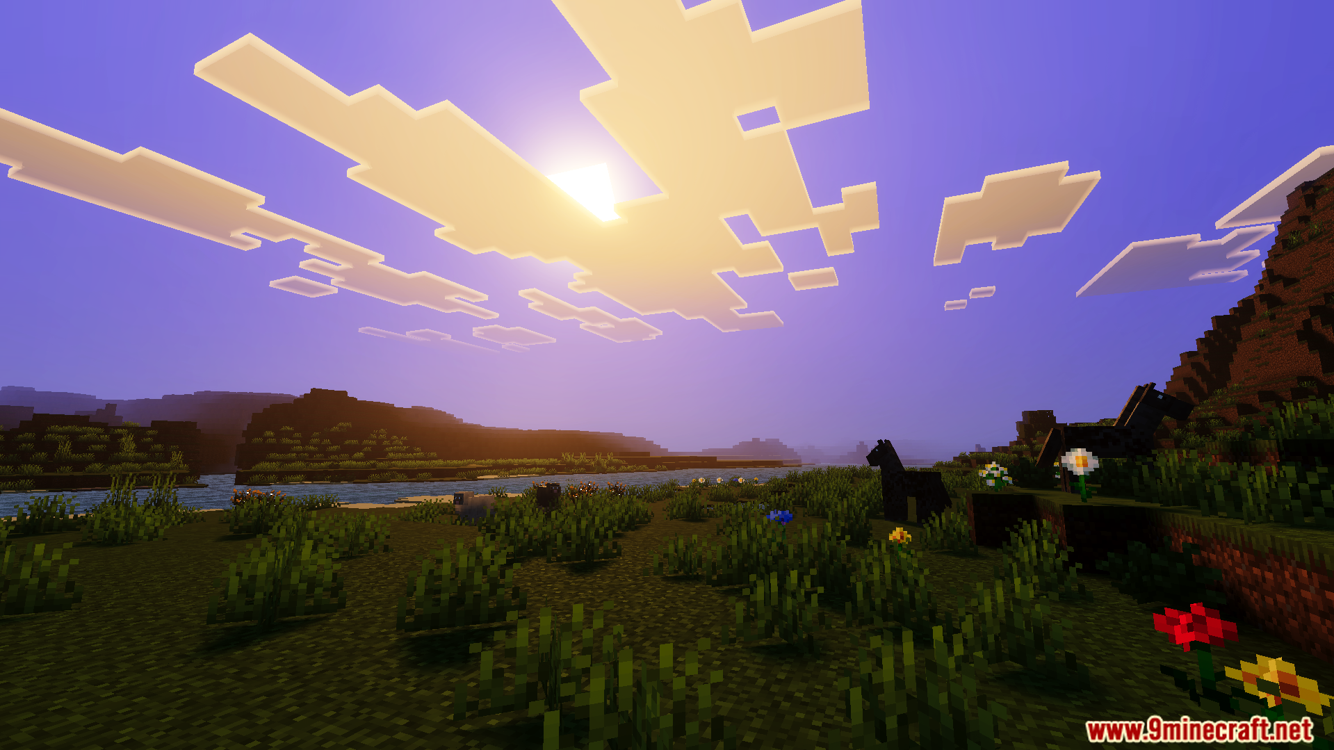 Howard Visual Shader Screenshot 8 Grassy landscape with flowers and animals under a bright sunlit sky
