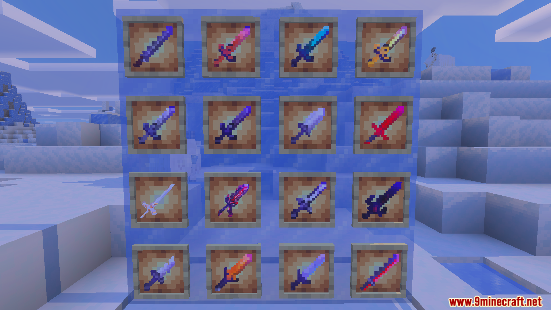 Howards More Sword Addon Screenshot 2 Sixteen unique custom swords displayed in item frames on a blue wall